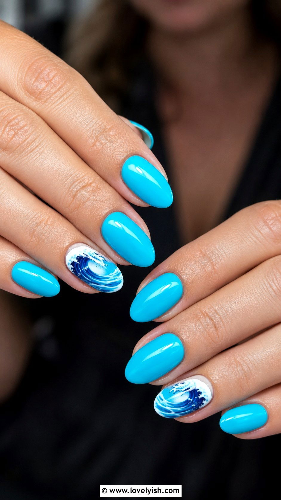 Aqua Blue Nails With Wave Art - 50 vacation nails - 50 vacation nails