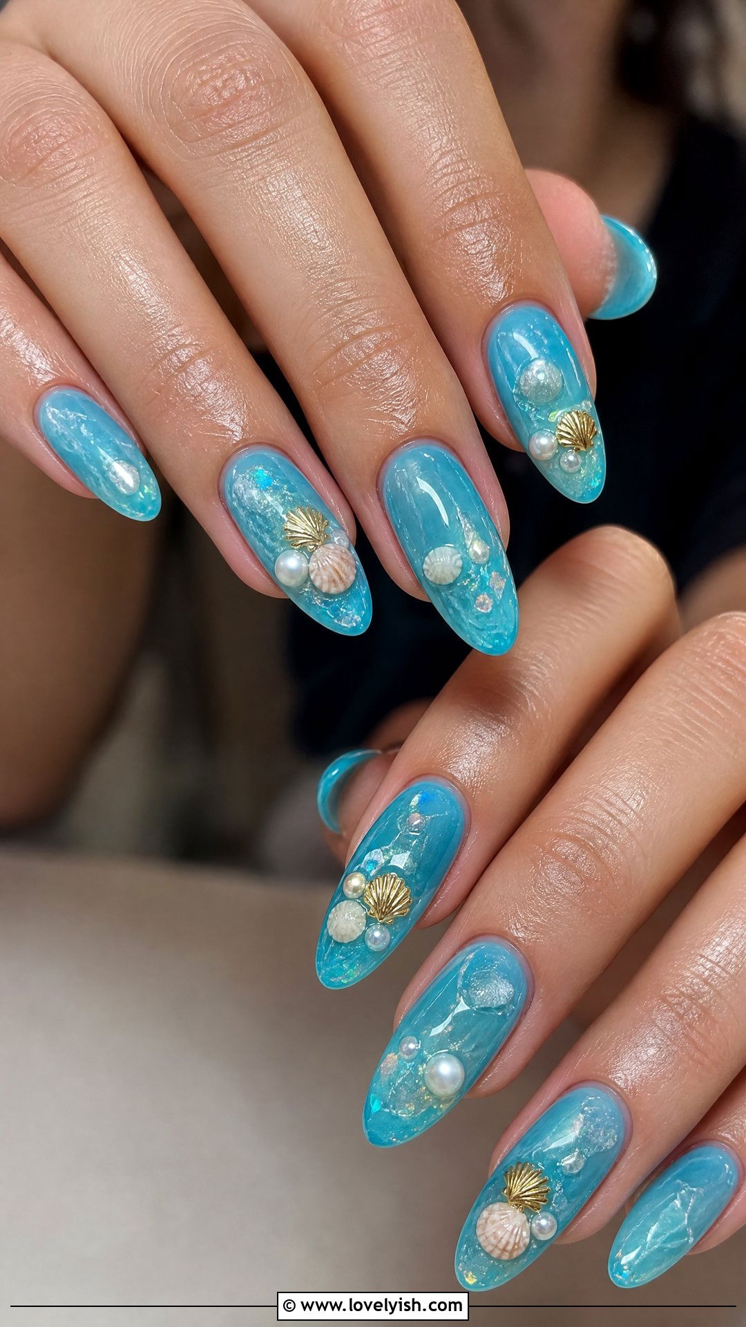 Aqua Blue Polygel Nails with Seashell Accents - 50 polygel nails - 50 polygel nails