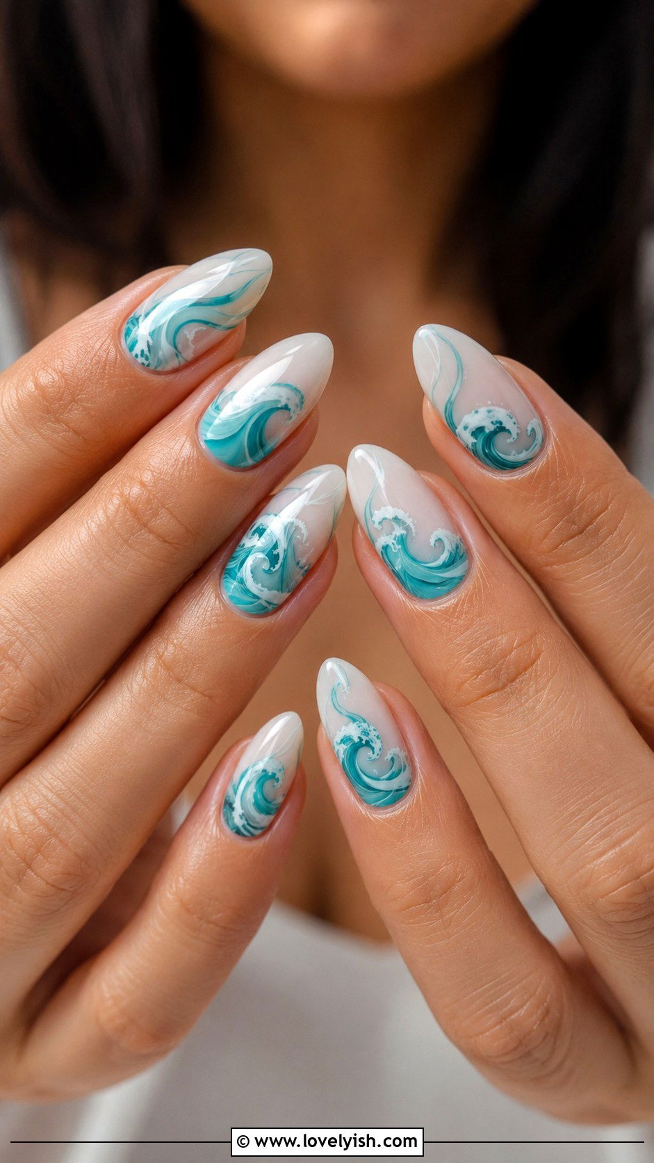Aqua and White Wave Nails - 43 summer nail designs - 43 summer nail designs