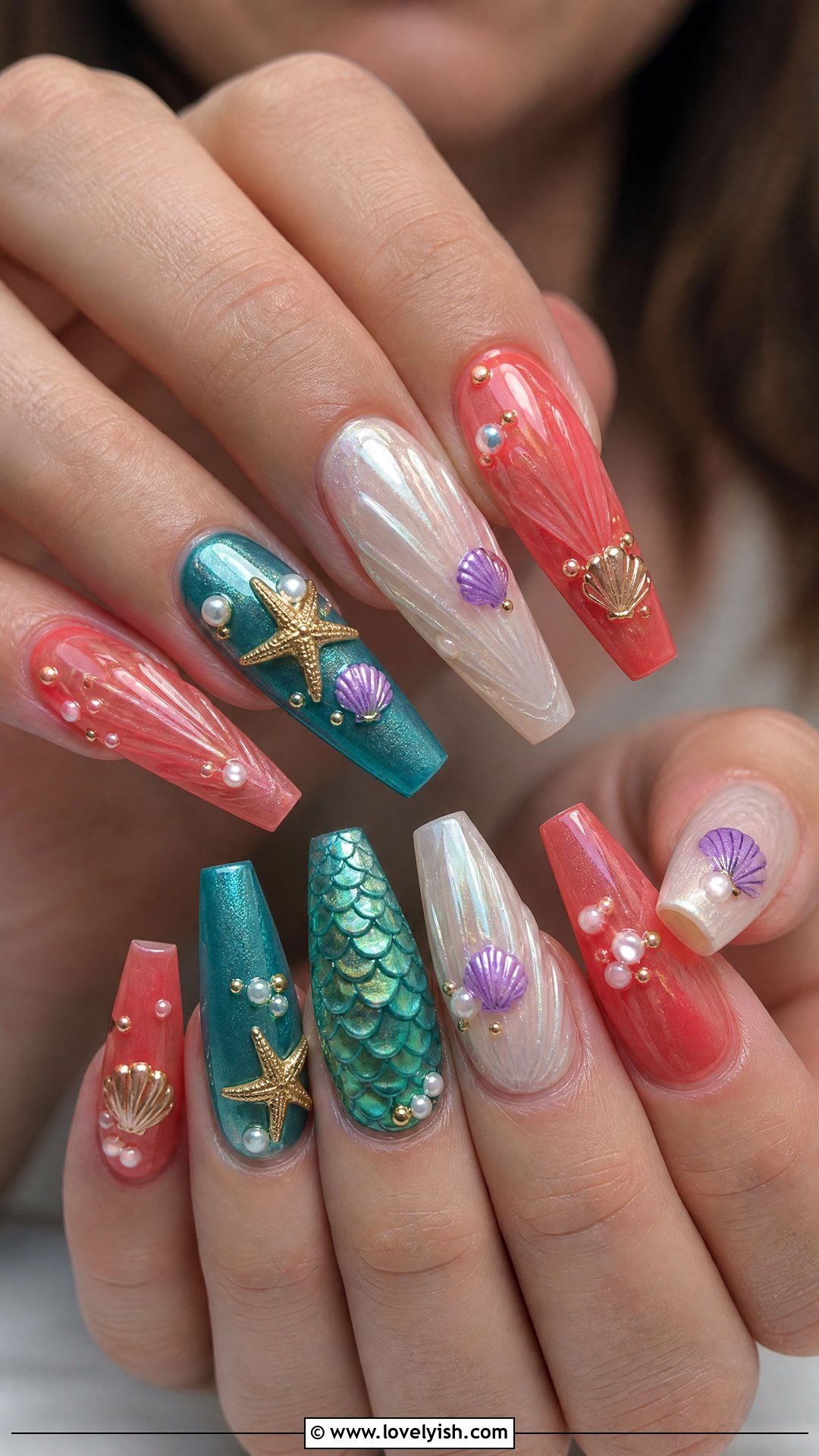 Ariel Seashell and Coral Nails - 50 disney nail designs - 50 disney nail designs
