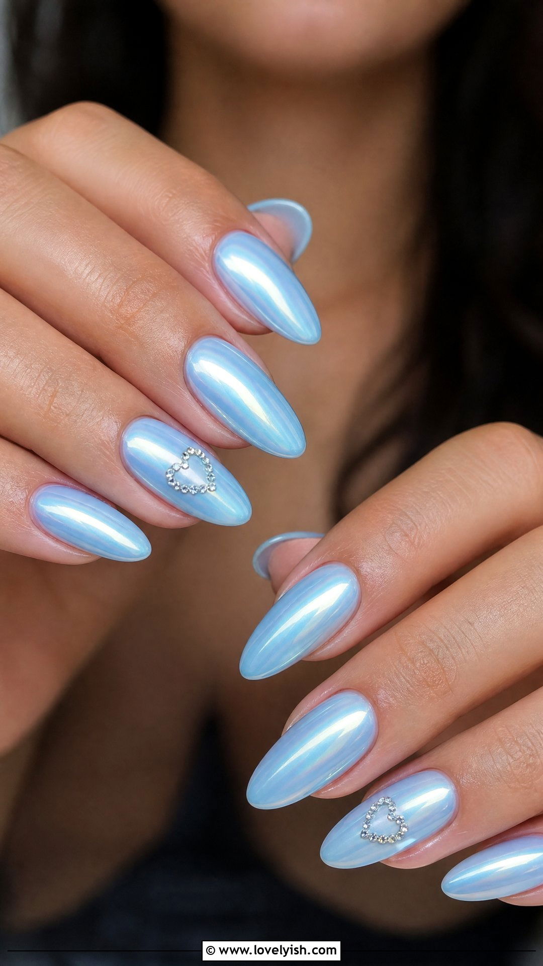 Baby Blue Chrome Nails With Rhinestone Hearts - 29 nail designs with rhinestones - 29 nail designs with rhinestones