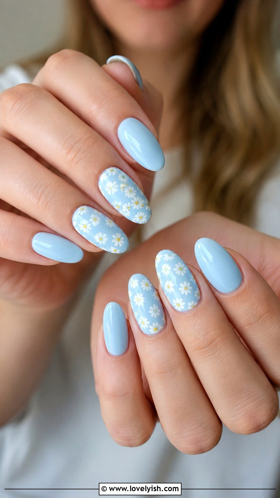 Baby Blue Floral Almond Nails - 42 spring nail ideas - 42 spring nail ideas