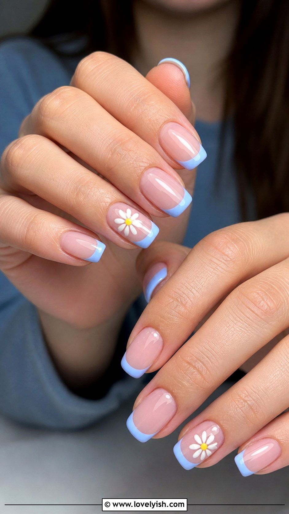 Baby Blue French With Daisy Accents - 50 may nails - 50 may nails