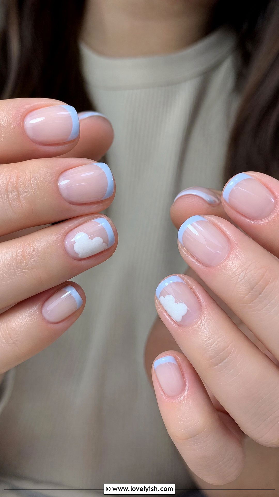 Baby Blue French with Cloud Accent - 50 cute french tip nail designs - 50 cute french tip nail designs