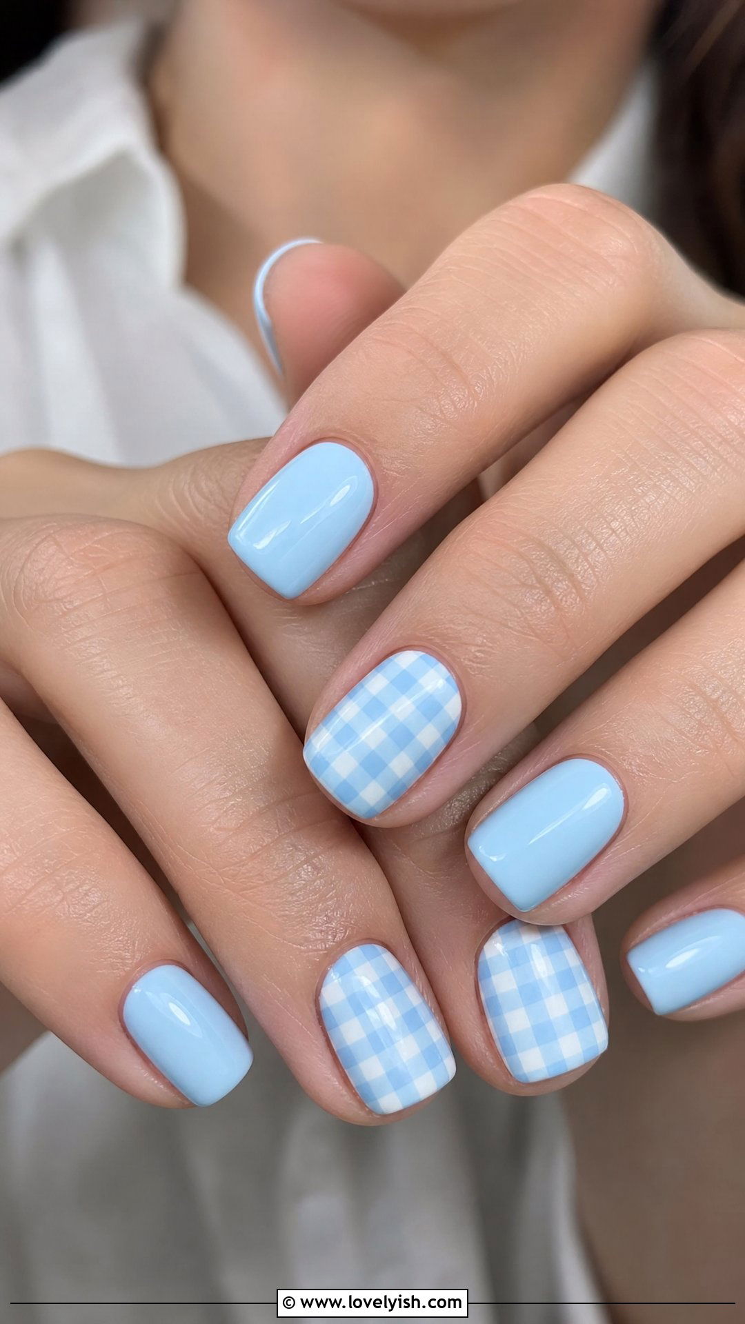 Baby Blue Gingham Nails - 25 preppy nail designs - 25 preppy nail designs