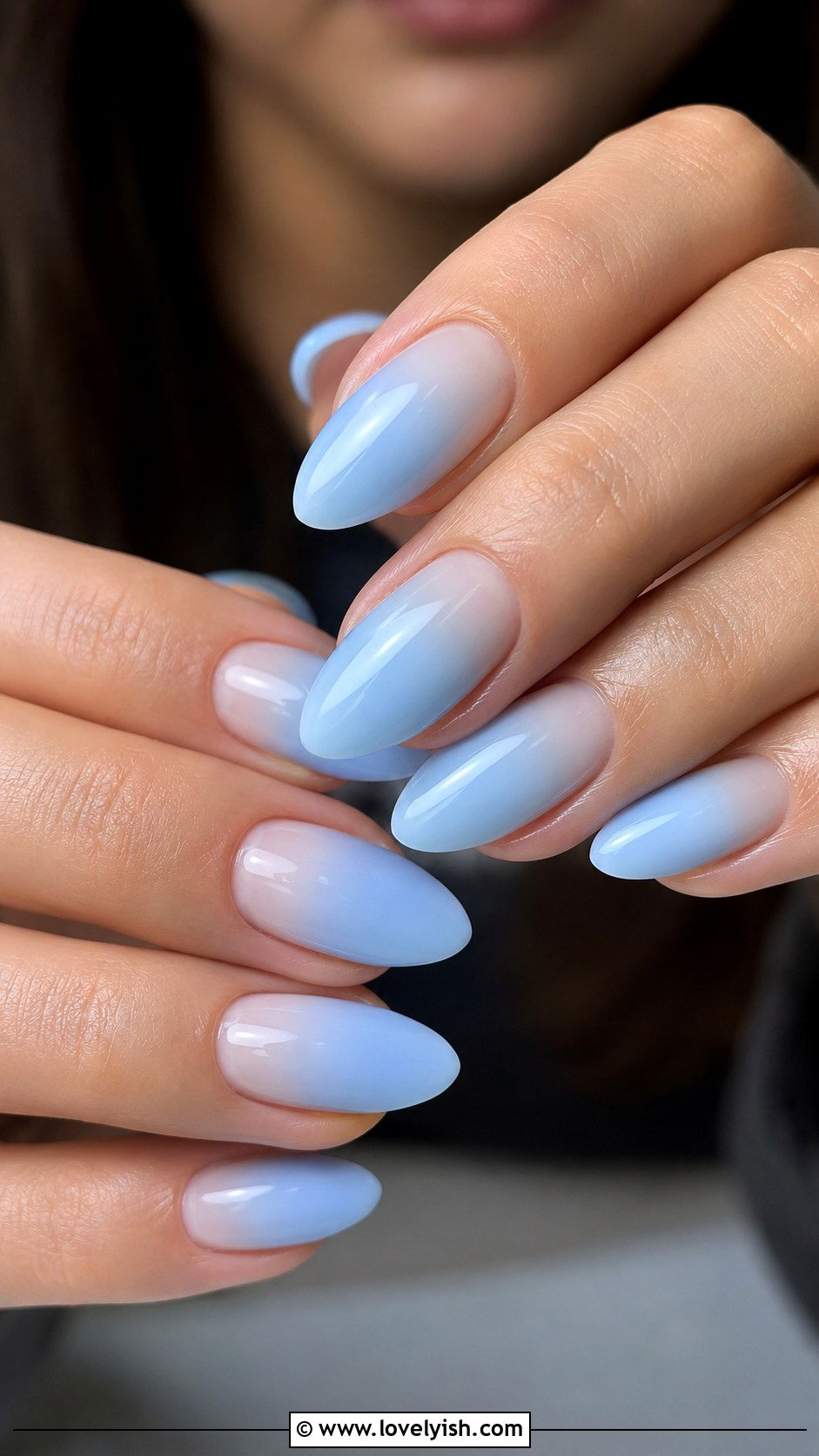 Baby Blue Glossy Almond Nails - 38 blue nail designs - 38 blue nail designs