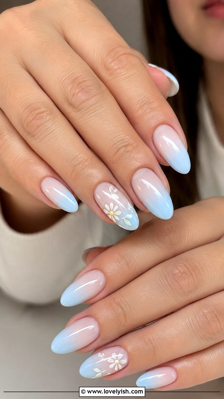 Baby Blue Ombre French Nails with Floral Accent - 50 ombre french nails - 50 ombre french nails
