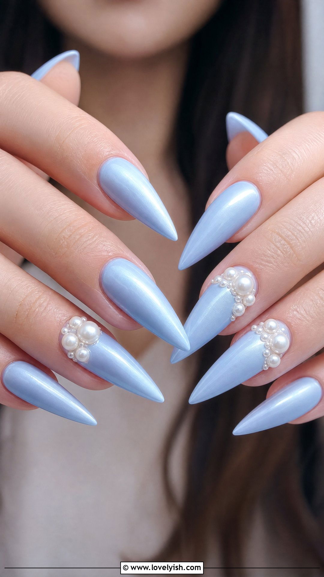Baby Blue Pearl Stiletto Nails - 50 pearl nails - 50 pearl nails