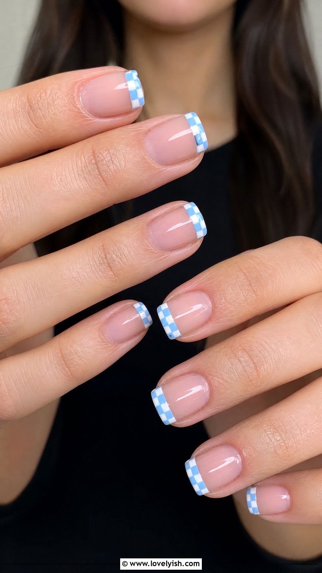 Baby Blue and White Checkered French Tip Nails - 25 checkered nail designs - 25 checkered nail designs