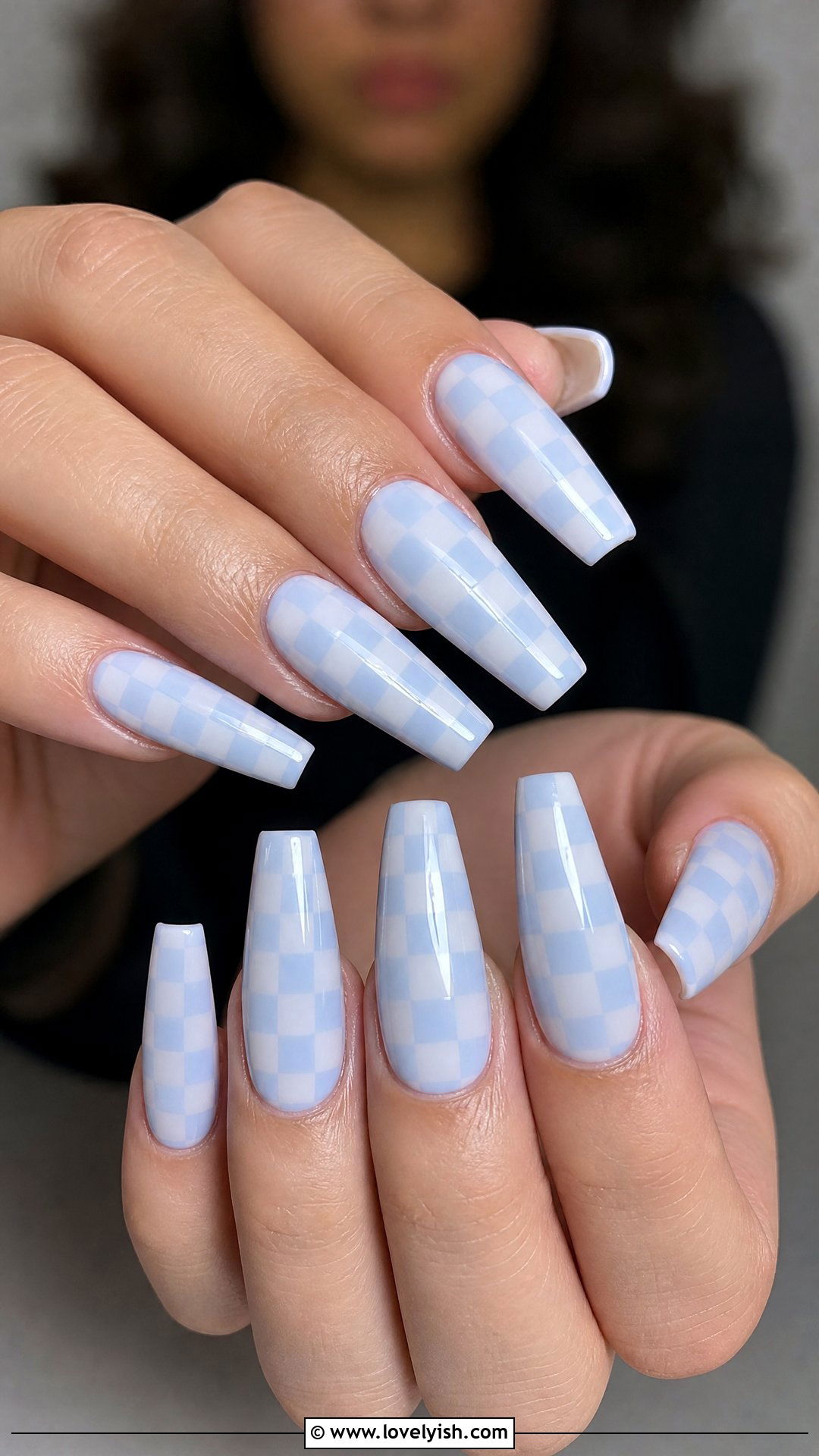 Baby Blue and White Checkered Nails - 50 checkered nails - 50 checkered nails