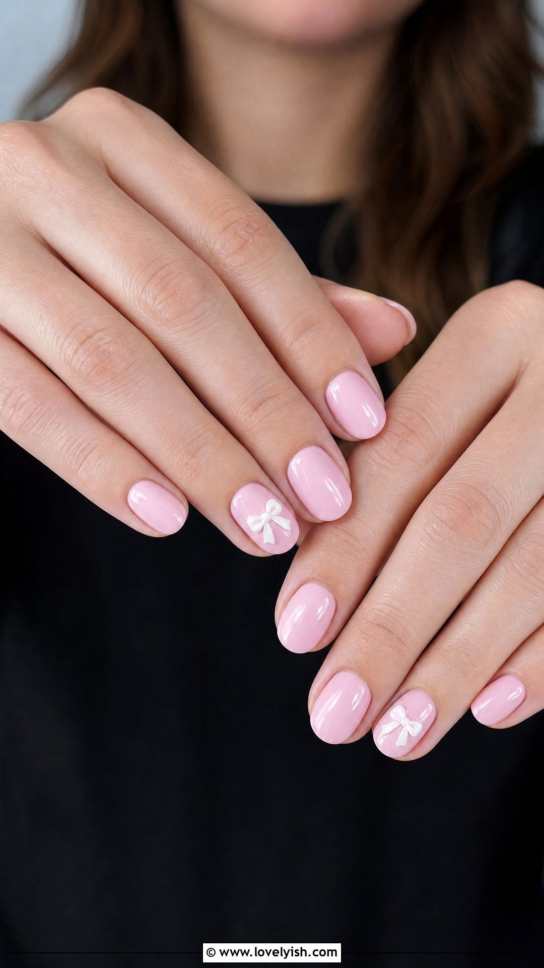 Baby Pink Bow Accent Nails - 50 easy spring nail designs - 50 easy spring nail designs