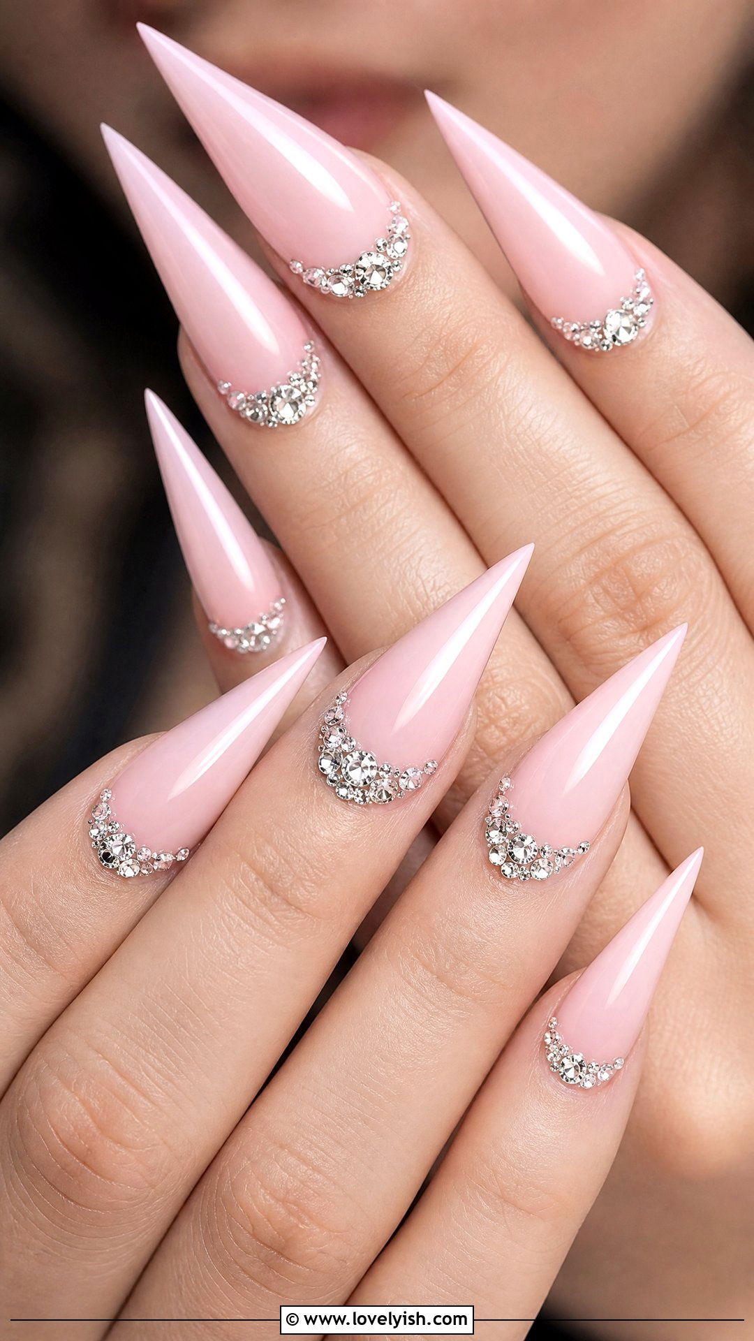 Baby Pink Rhinestone Long Stiletto Nails - 50 long stiletto nails - 50 long stiletto nails