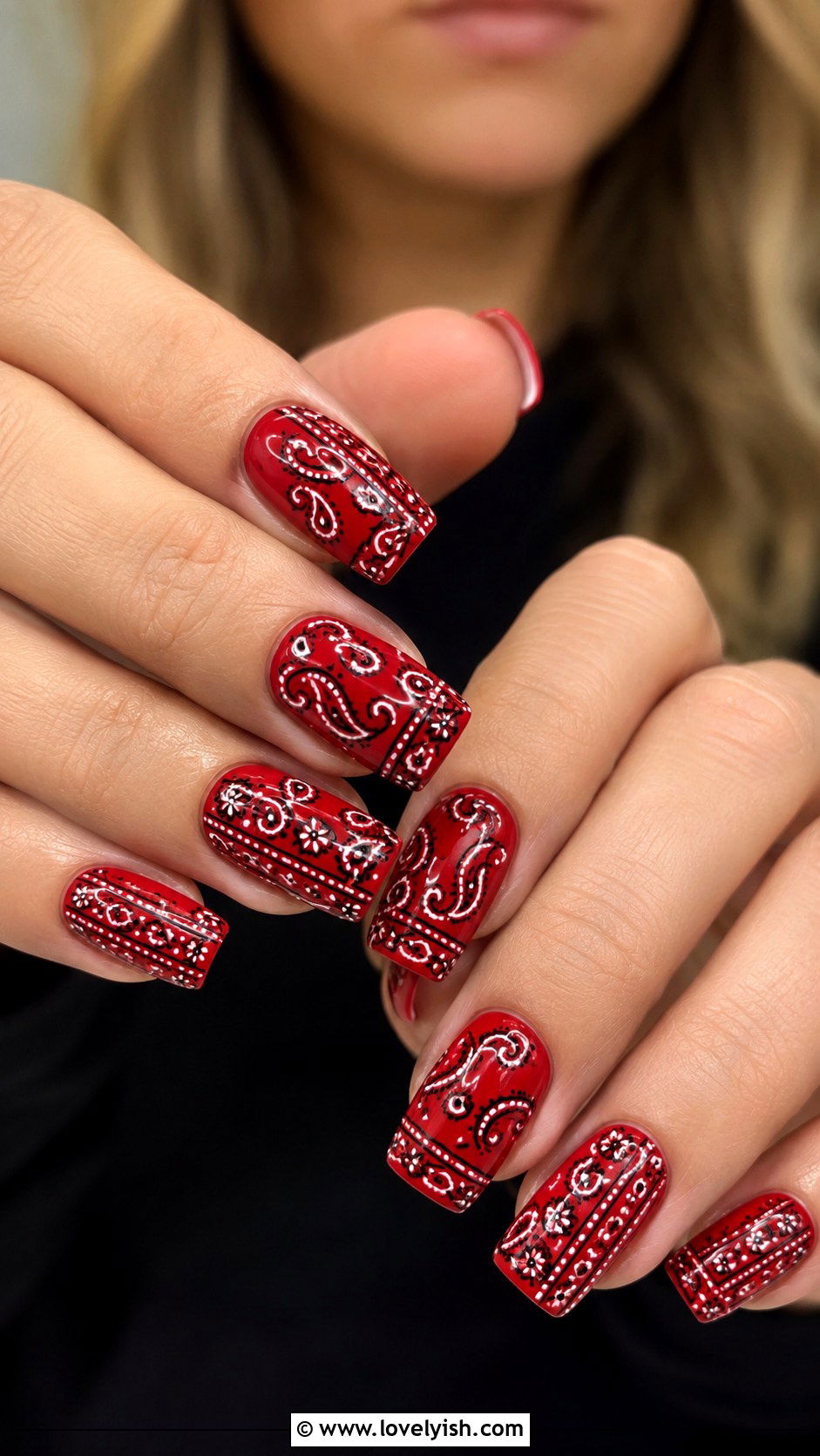 Bandana Red Paisley Nails - 50 western nail designs - 50 western nail designs