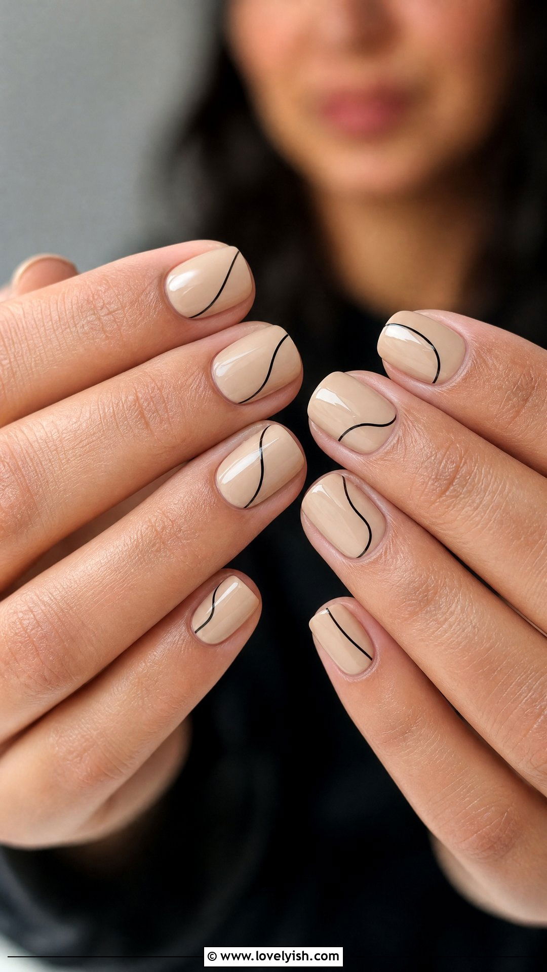 Beige Nails with Black Line Art - 25 beginner nail designs - 25 beginner nail designs