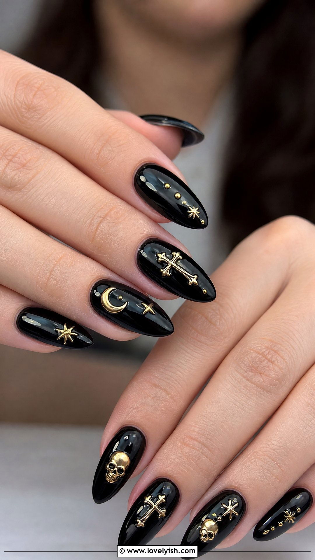 Black Almond Gold Charm Gothic Nails - 50 gothic nails - 50 gothic nails