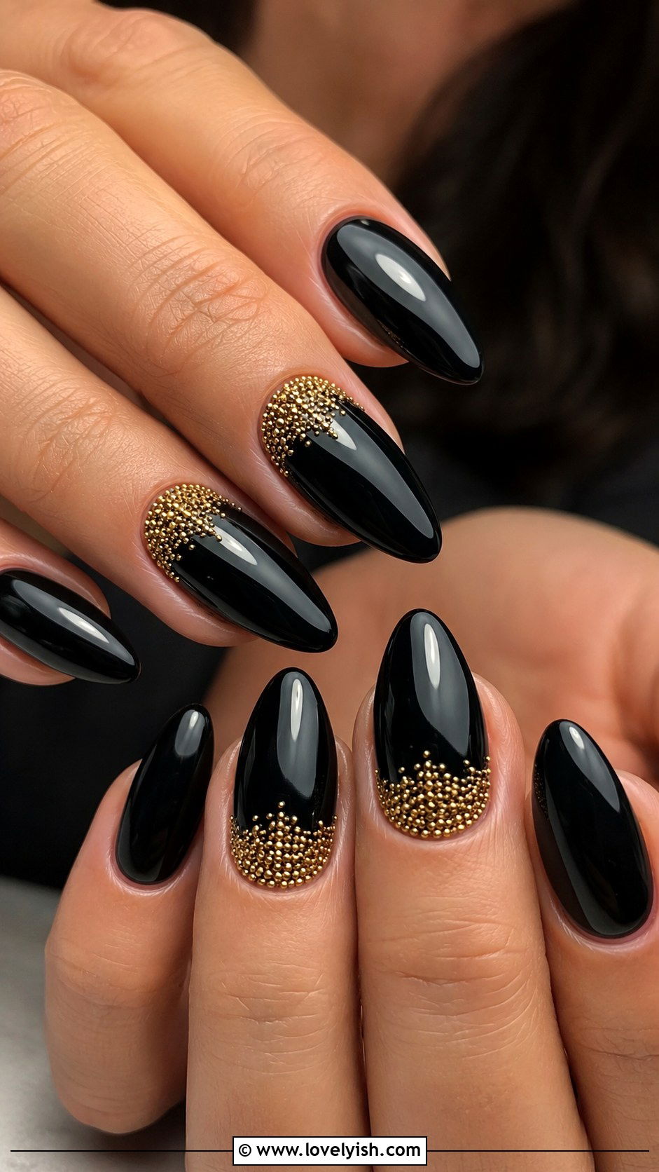 Black Almond Nails with Gold Caviar Beads - 50 black and gold nail designs - 50 black and gold nail designs