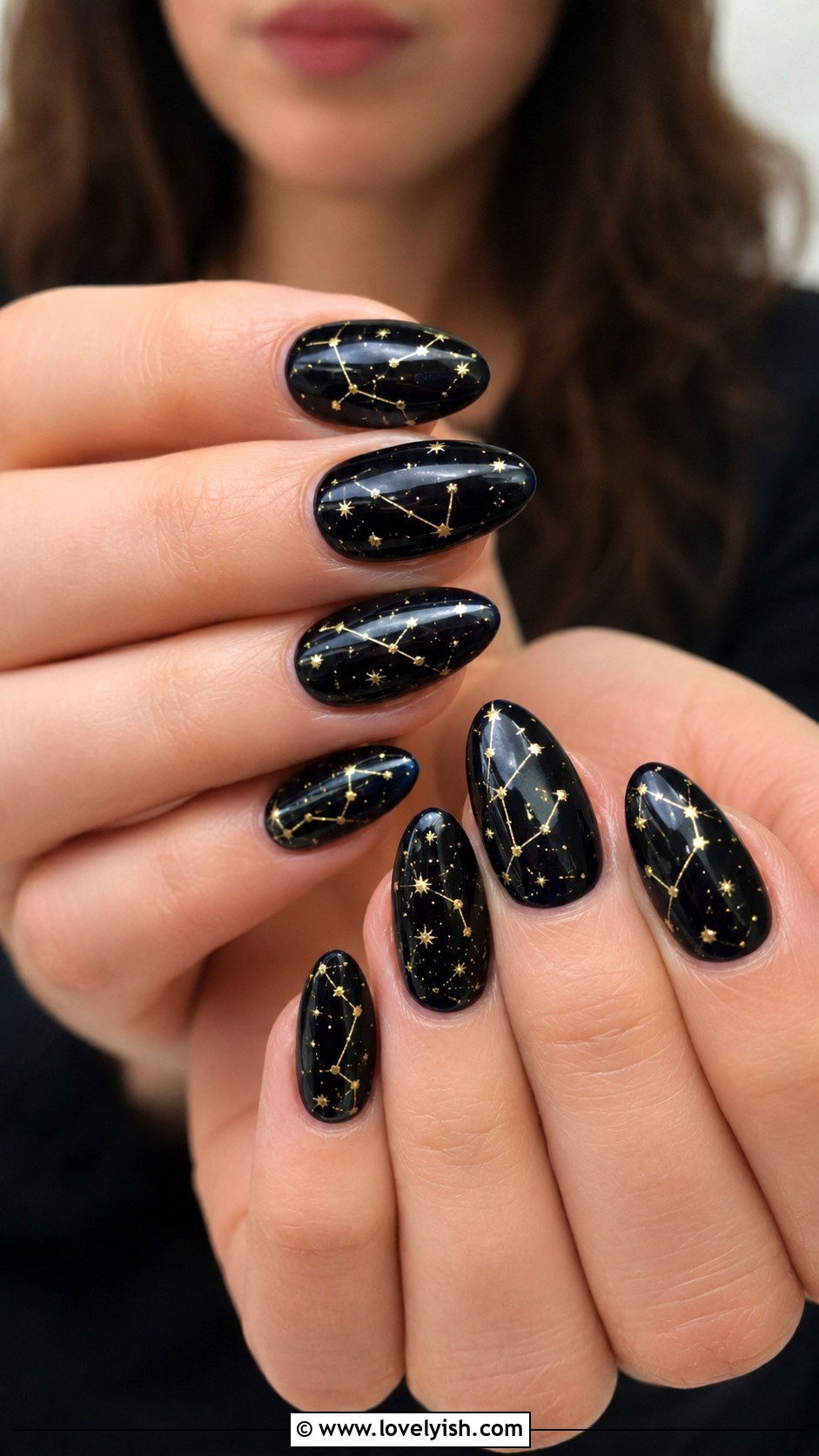 Black Almond Nails with Gold Constellation - 50 black and gold nail designs - 50 black and gold nail designs