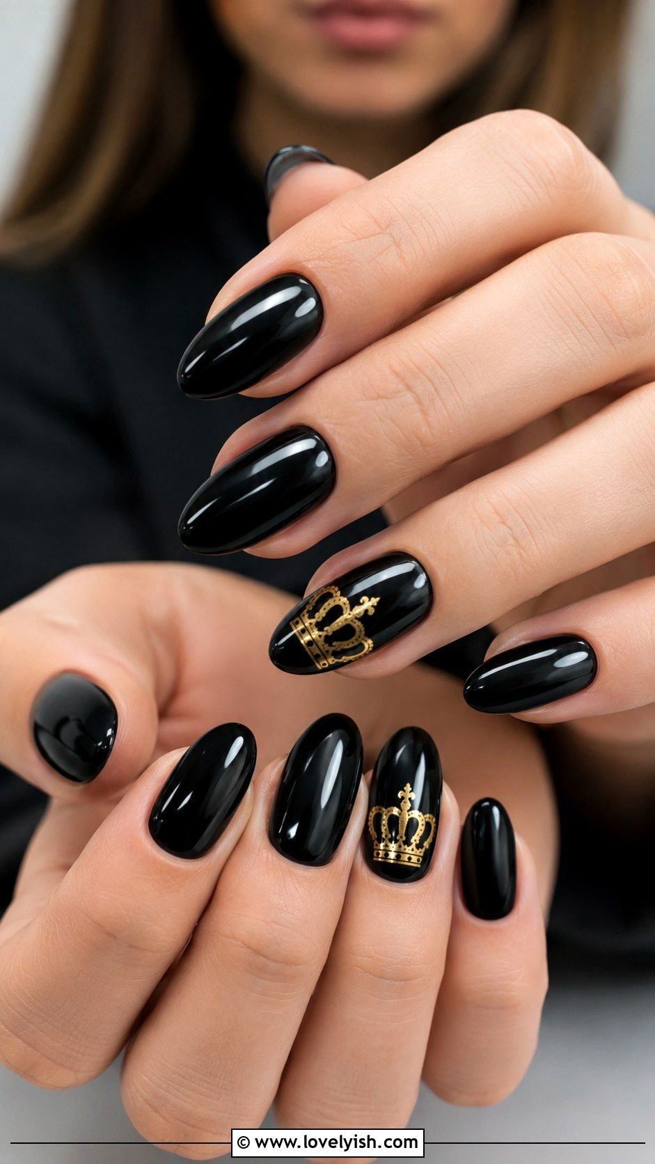 Black Almond Nails with Gold Crown Detail - 50 black and gold nail designs - 50 black and gold nail designs