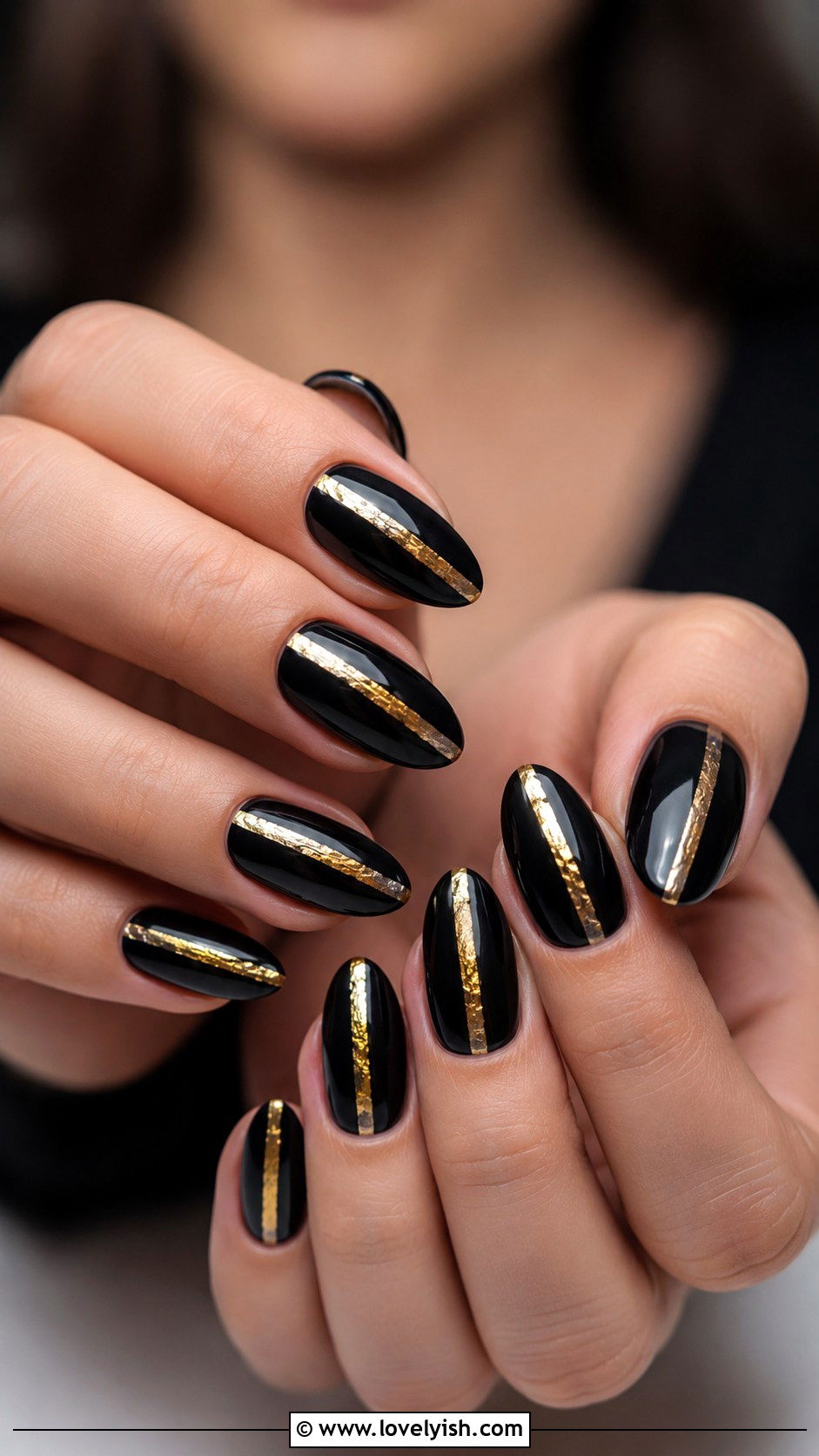 Black Almond Nails with Gold Foil Strips - 50 black and gold nail designs - 50 black and gold nail designs