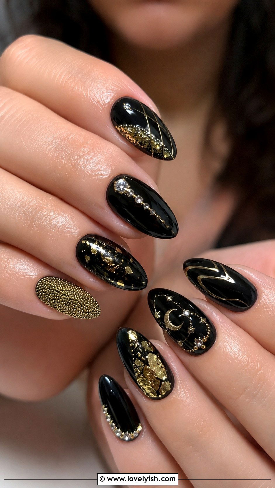 Black Almond Nails with Mixed Gold Embellishments - 50 black and gold nail designs - 50 black and gold nail designs