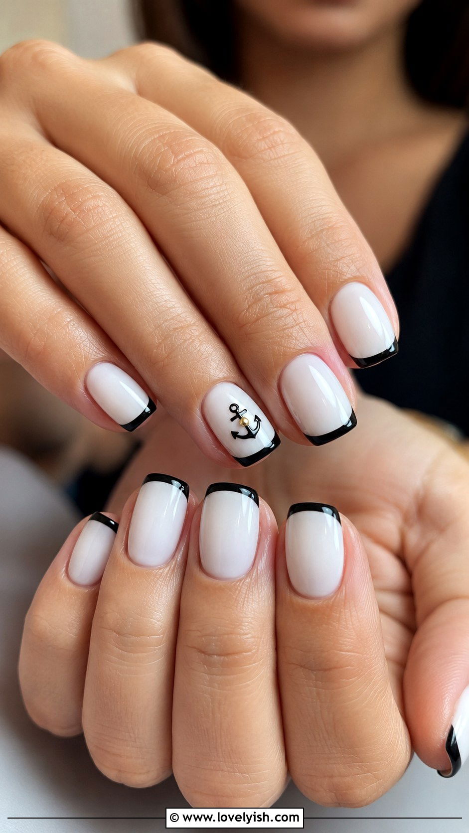 Black Anchor on White French Tip - 50 anchor nail designs - 50 anchor nail designs