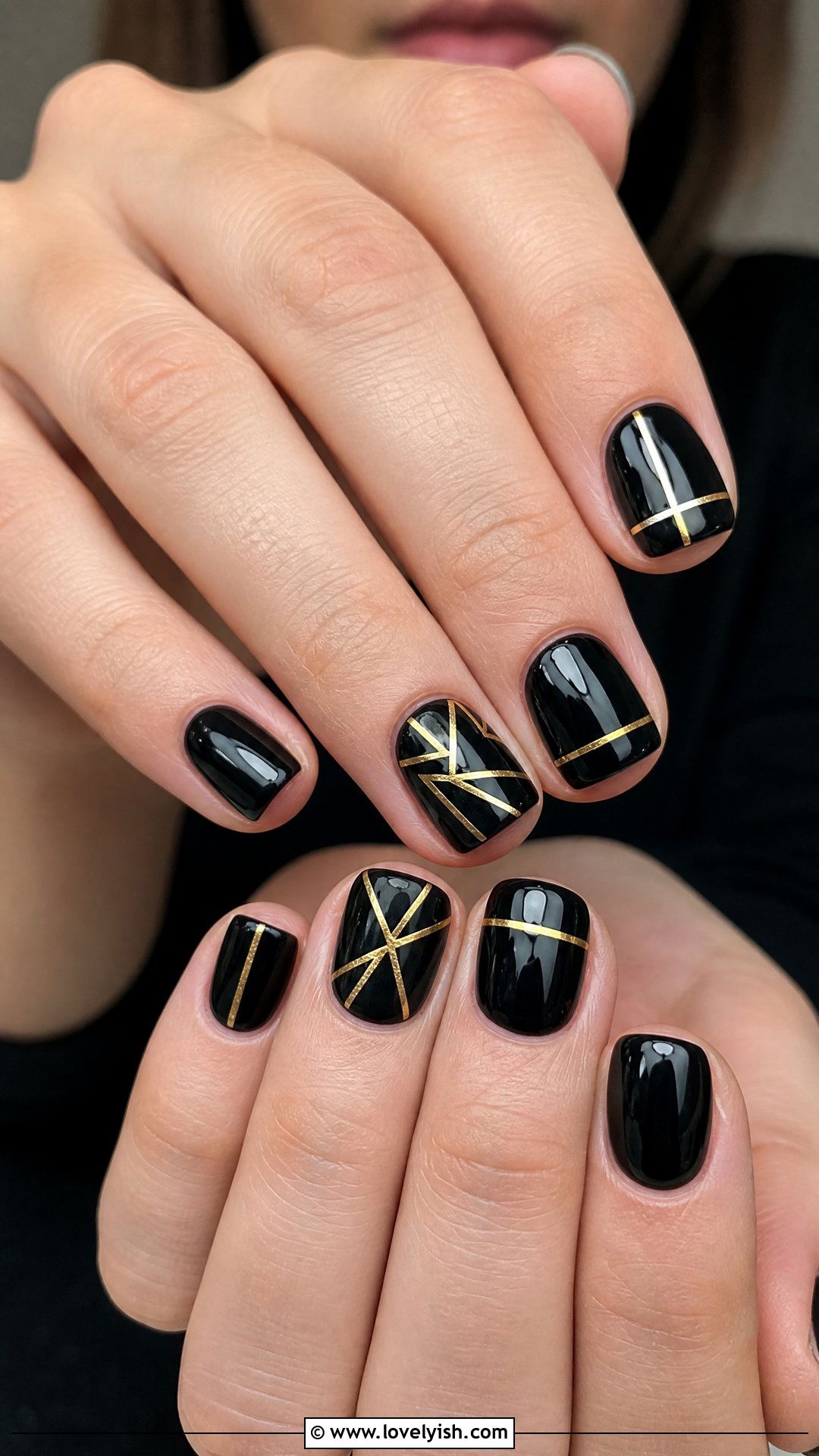 Black And Gold Geometric Short Square Nails - 50 short square nails - 50 short square nails
