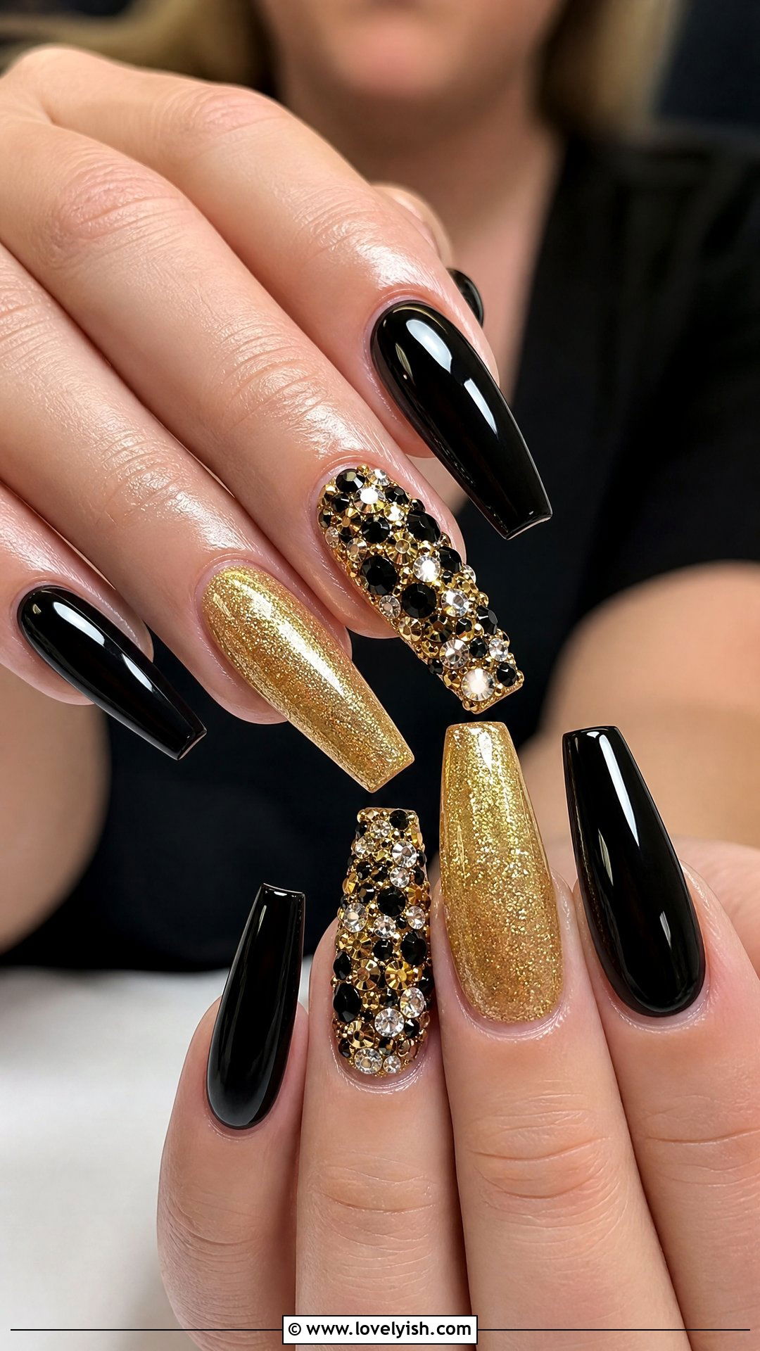 Black And Gold Nails With Encrusted Statement Nail - 29 nail designs with rhinestones - 29 nail designs with rhinestones