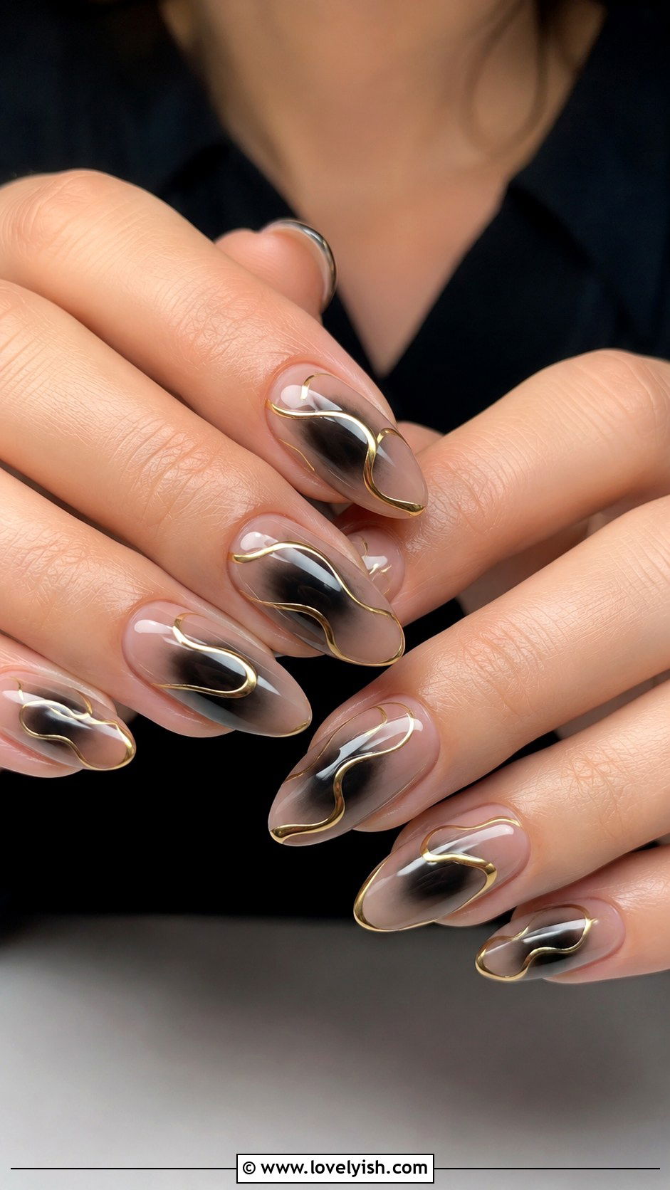 Black Aura Nails with Gold Chrome Swirls - 50 black and gold nail designs - 50 black and gold nail designs