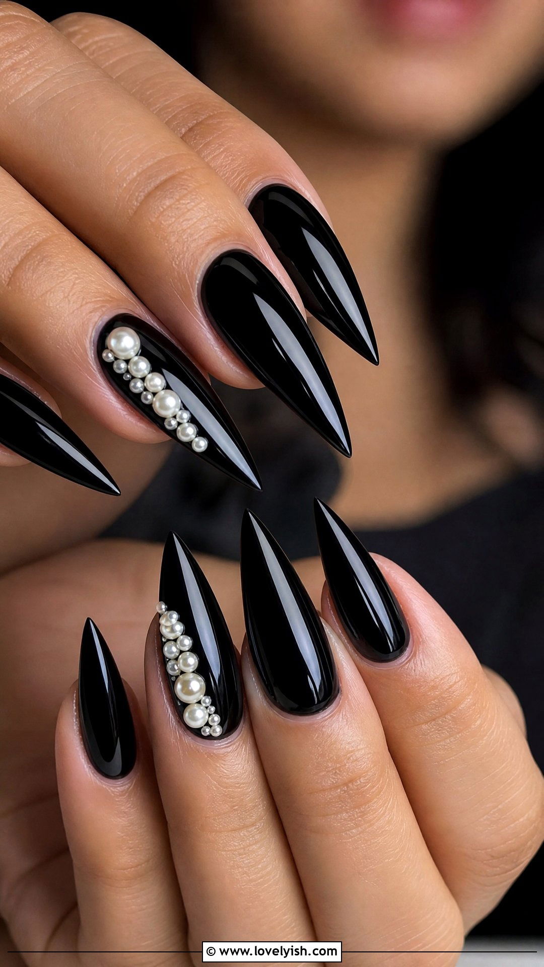 Black Base Pearl Accent Nails - 50 pearl nails - 50 pearl nails