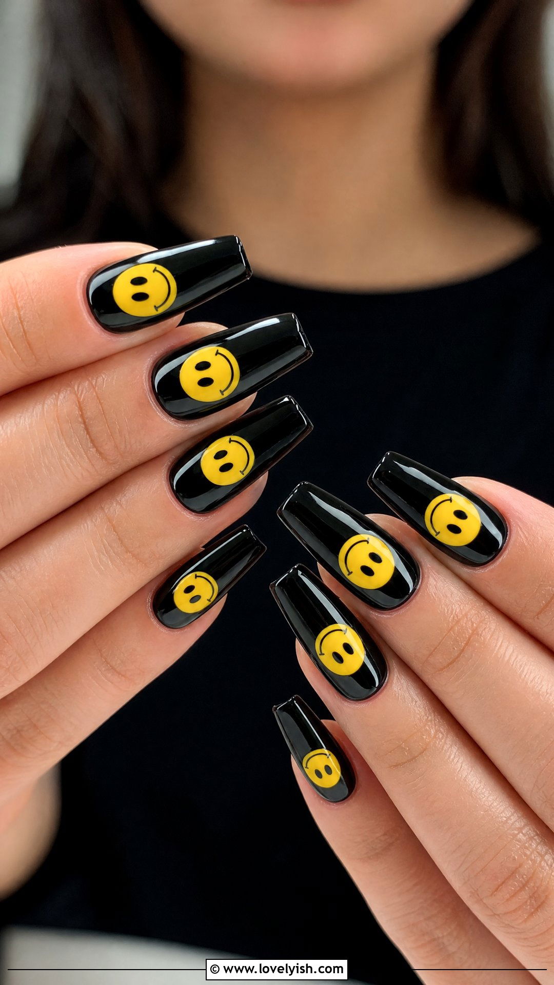 Black Base With Yellow Smiley Face Nails - 50 smiley face nails - 50 smiley face nails