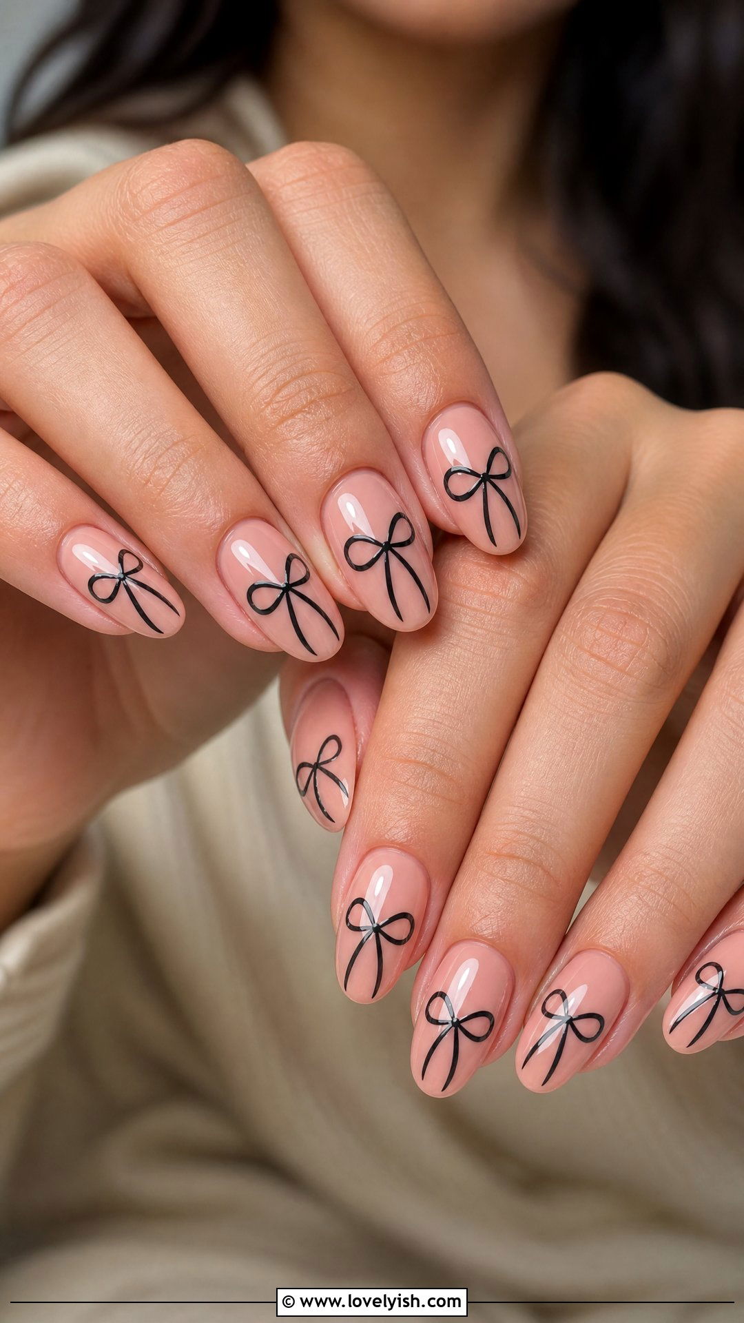 Black Bow Nails on Nude Base - 25 bow nail design ideas - 25 bow nail design ideas