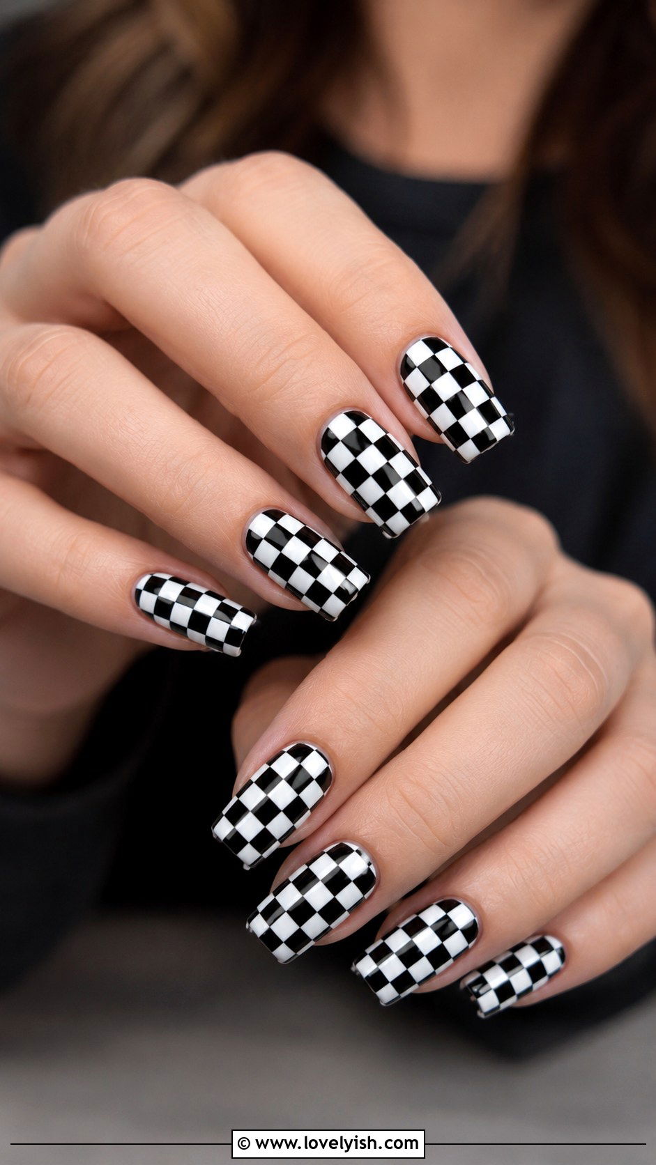Black Checkered Pattern Nails - 50 mens nail design ideas - 50 mens nail design ideas