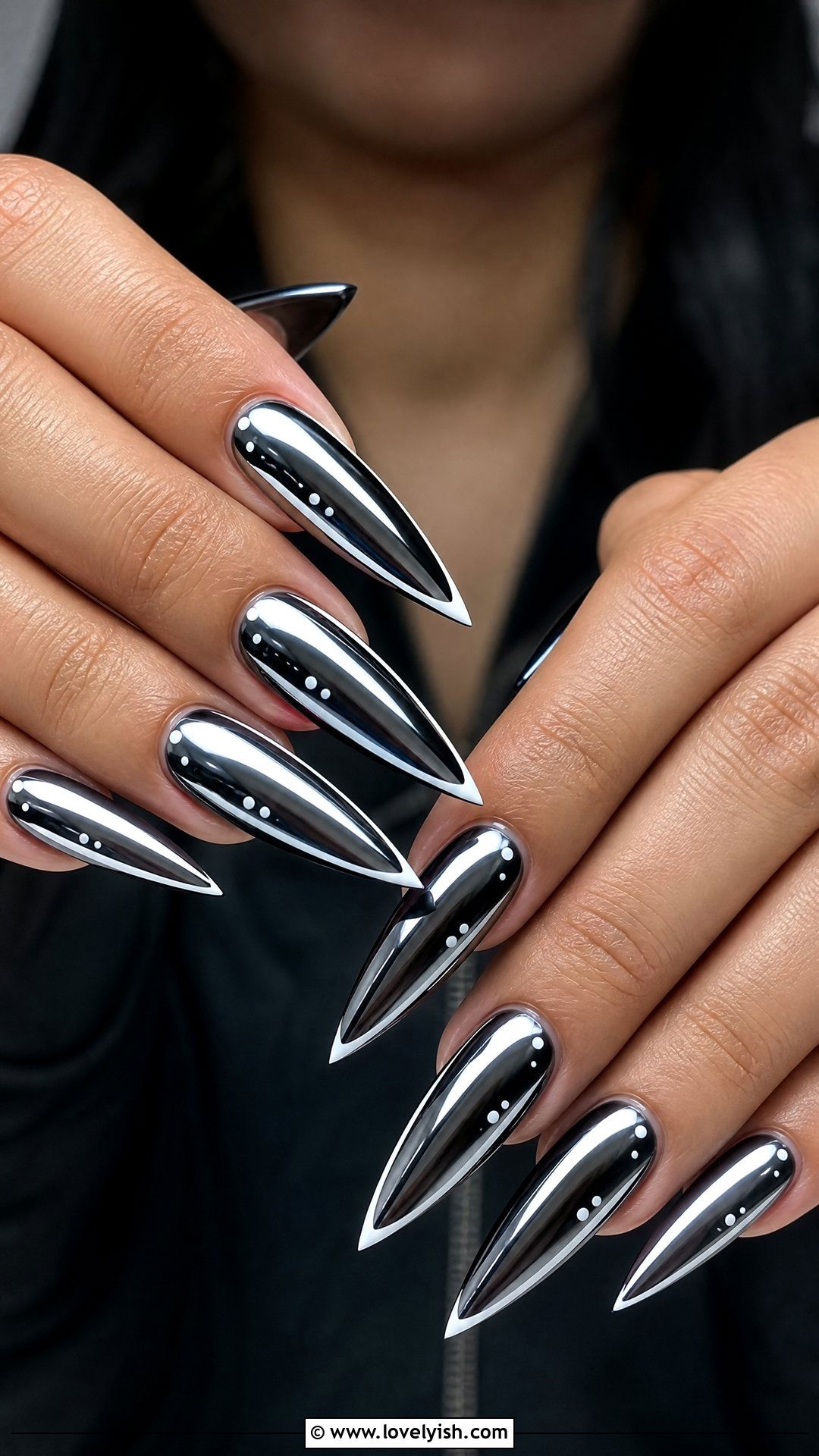 Black Chrome Nails With White Accents - 50 black and white nail designs - 50 black and white nail designs