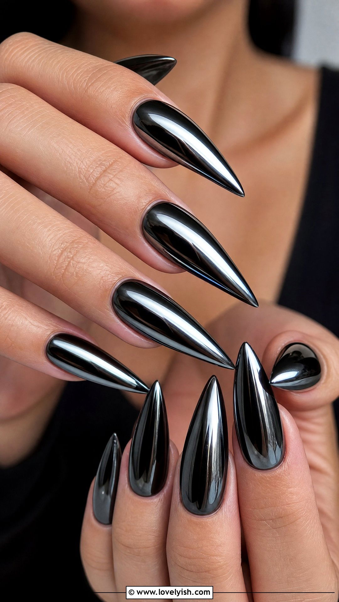 Black Chrome Stiletto Nails - 50 edgy nails - 50 edgy nails