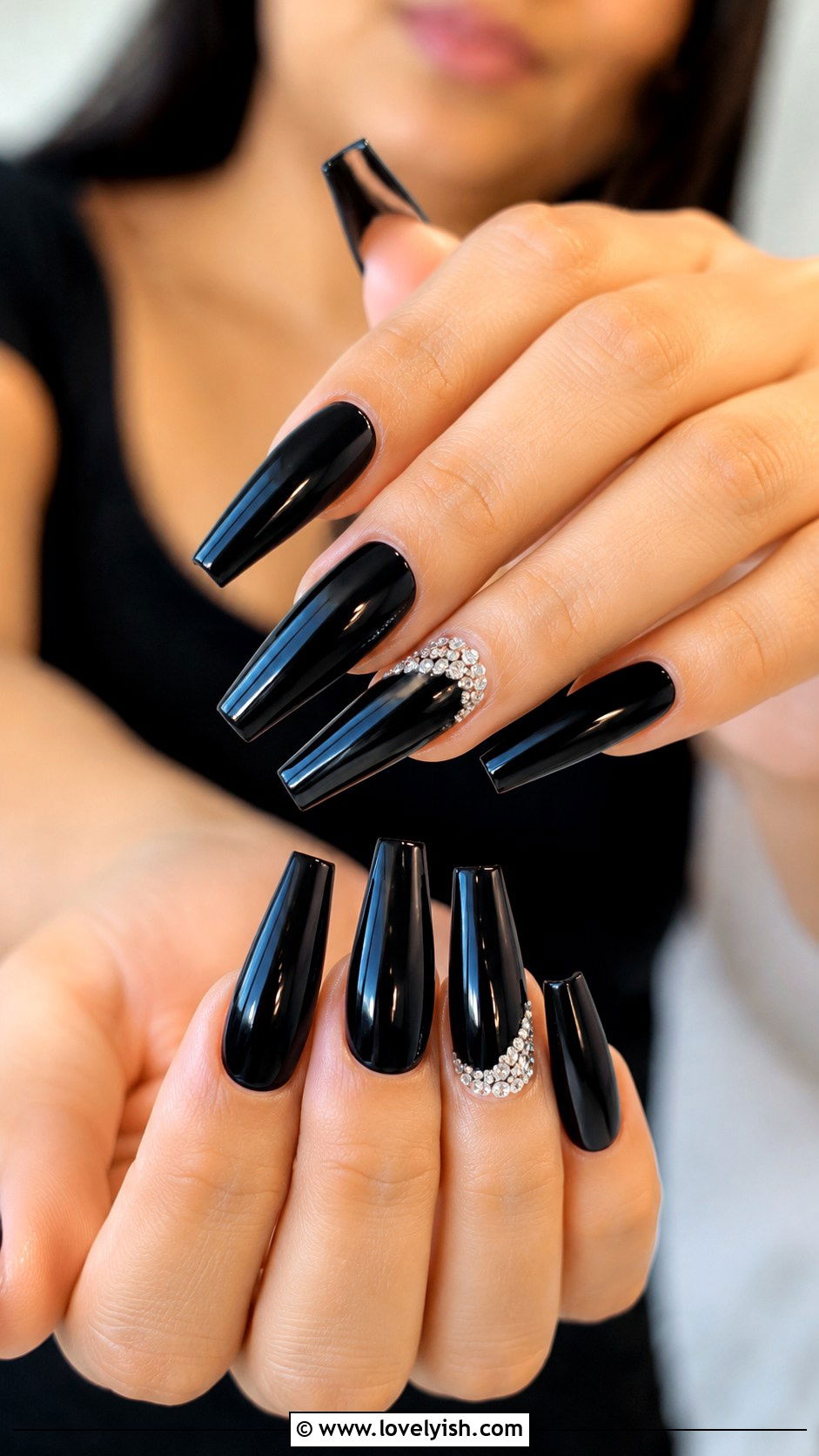 Black Coffin Nails With Rhinestones - 25 coffin nail designs - 25 coffin nail designs