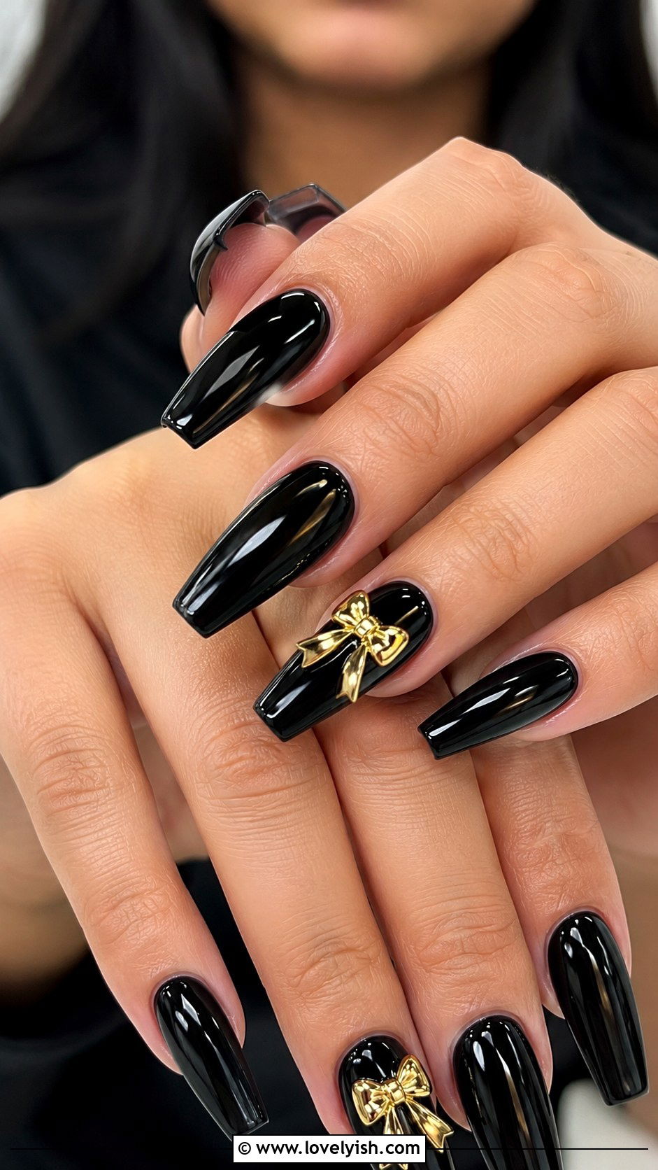 Black Coffin Nails with Gold Bow Accent - 50 black and gold nail designs - 50 black and gold nail designs