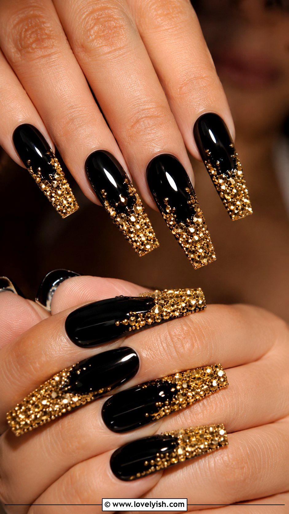 Black Coffin Nails with Gold Encrusted Tips - 50 black and gold nail designs - 50 black and gold nail designs