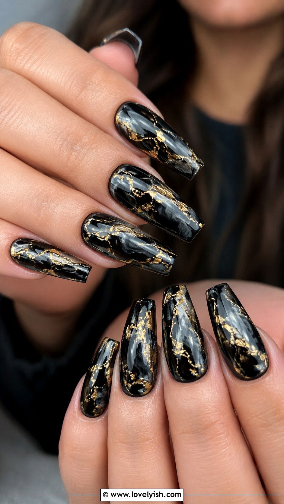 Black Coffin Nails with Gold Foil Marble - 50 black and gold nail designs - 50 black and gold nail designs