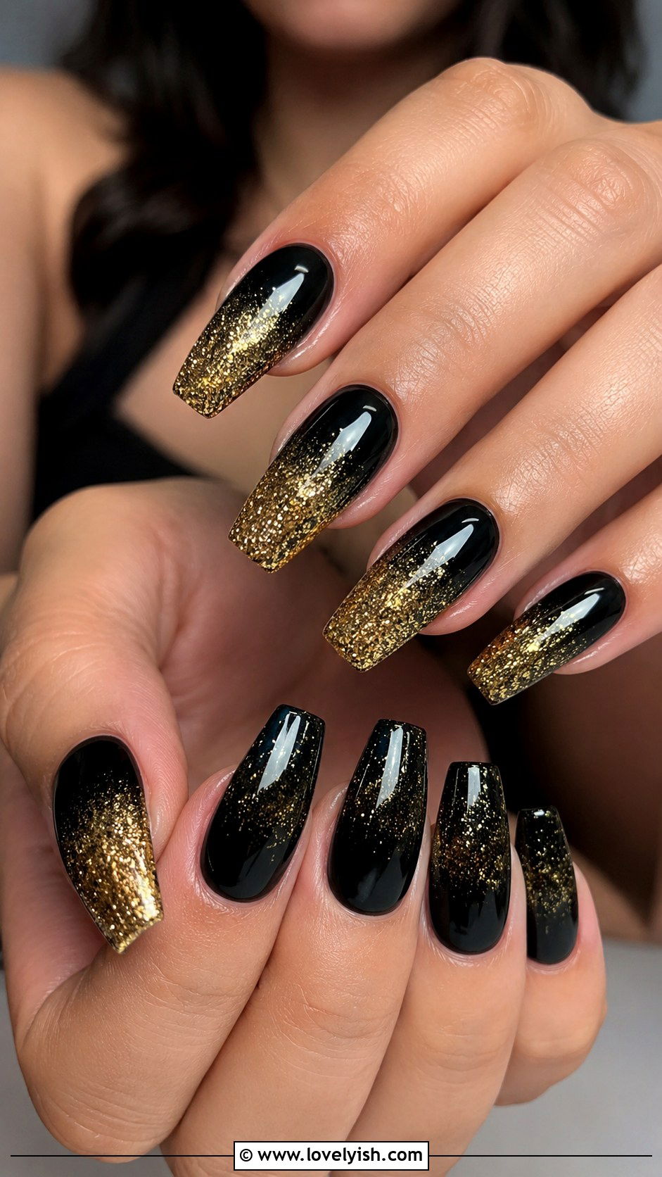 Black Coffin Nails with Gold Glitter Ombre - 50 black and gold nail designs - 50 black and gold nail designs