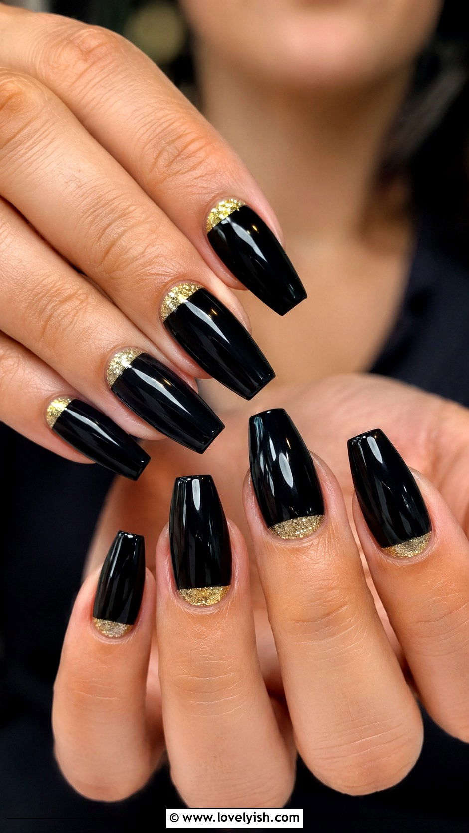 Black Coffin Nails with Gold Half Moons - 50 black and gold nail designs - 50 black and gold nail designs