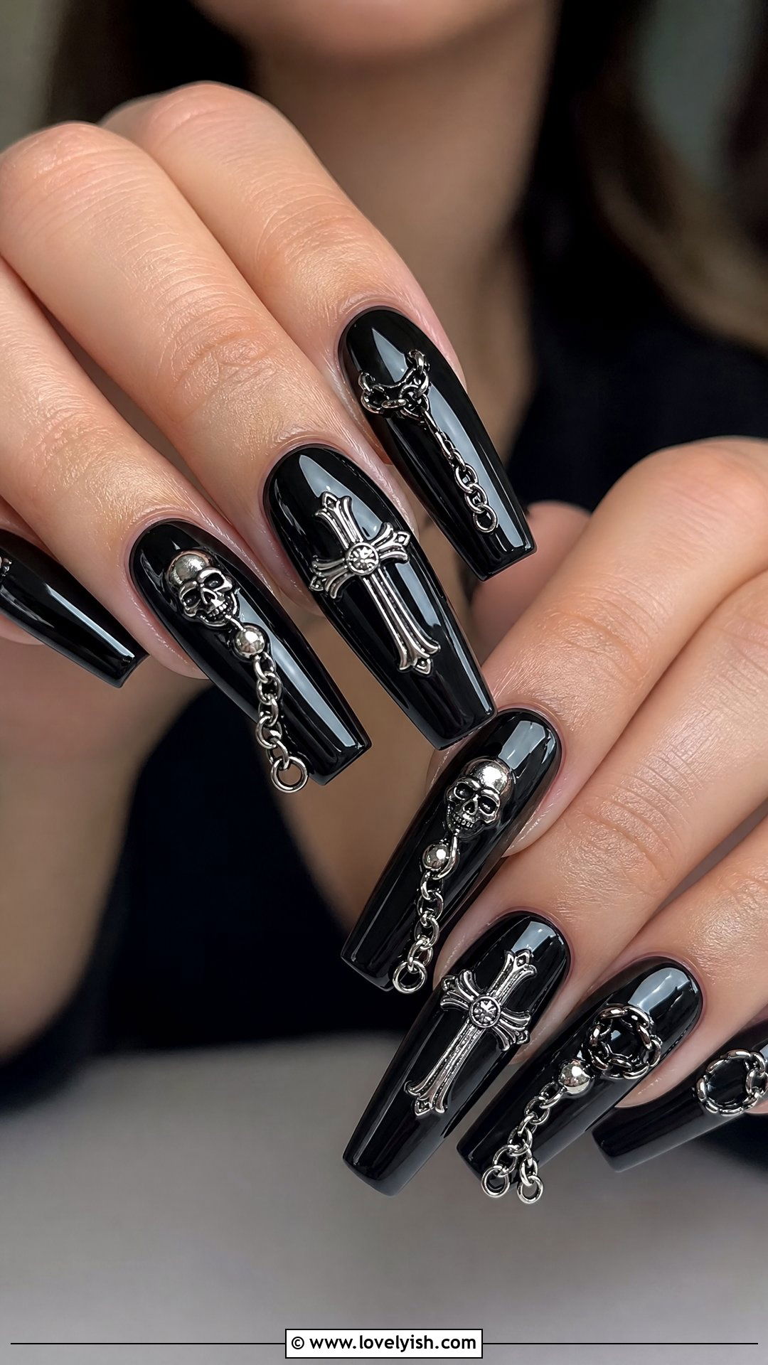 Black Coffin Nails with Silver Charms - 50 goth nails - 50 goth nails