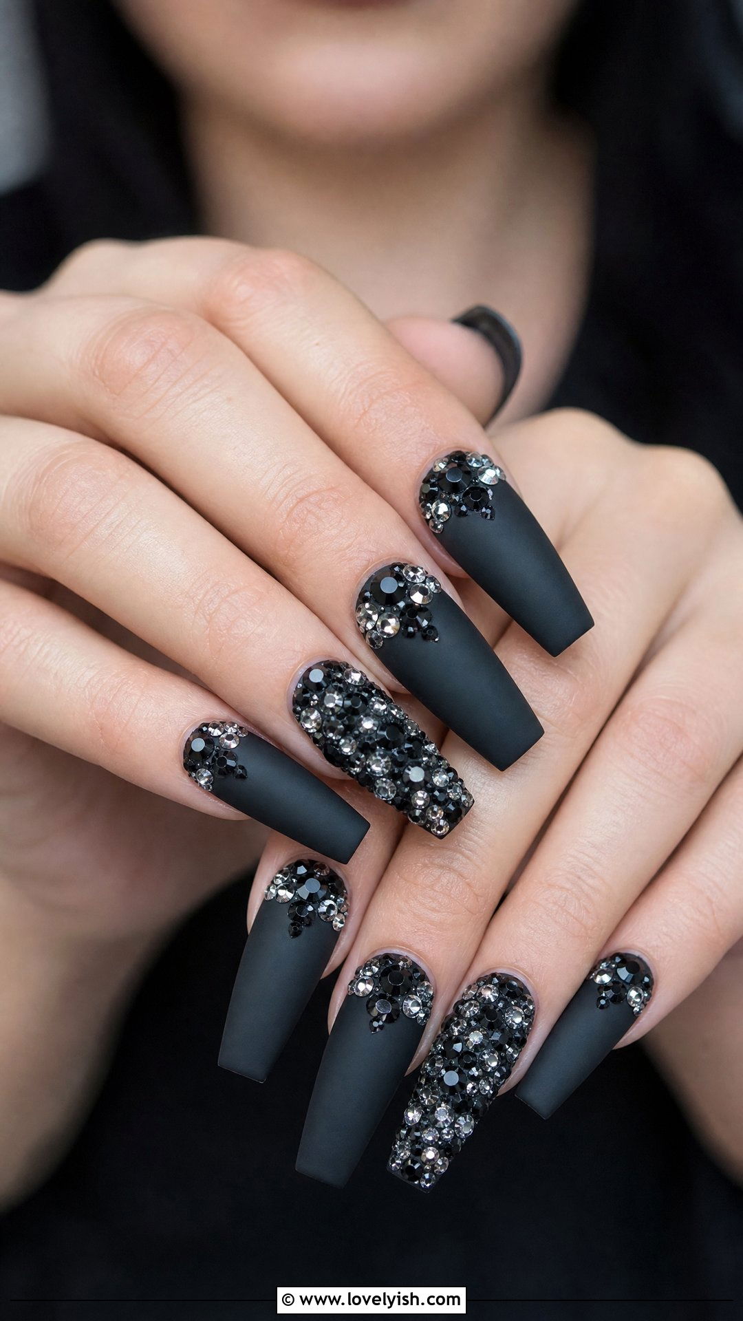 Black Coffin Rhinestone Gothic Nails - 50 gothic nails - 50 gothic nails