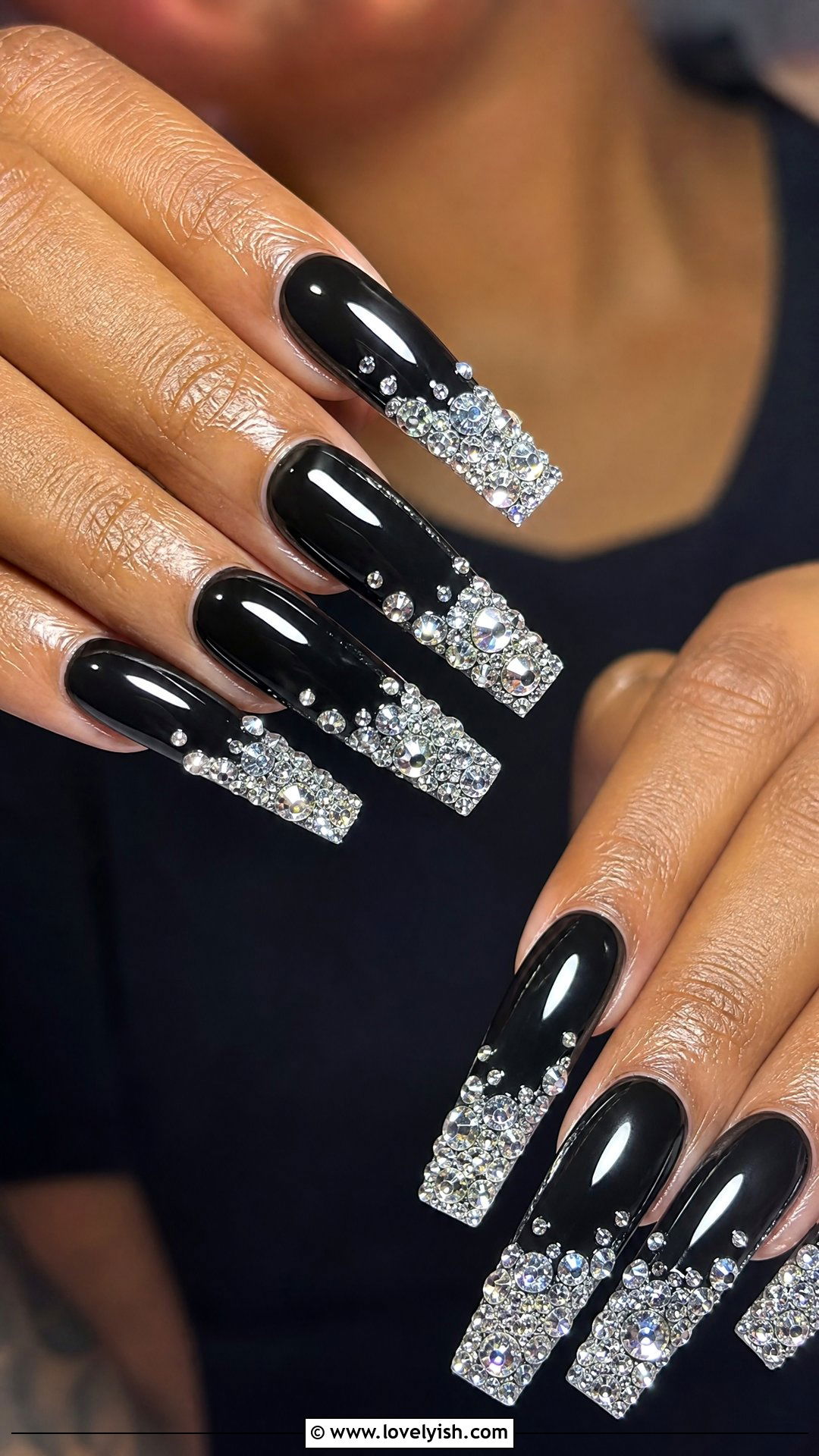 Black Coffin with Crystal Tips Baddie Nails - 50 baddie nails - 50 baddie nails