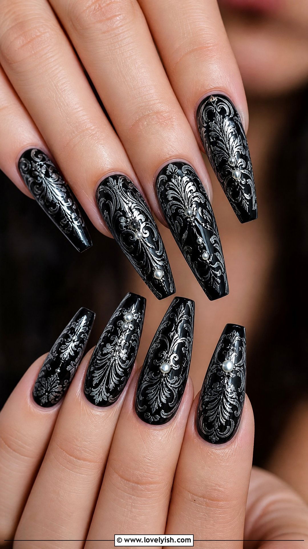 Black Damask Pattern Gothic Nails - 50 gothic nails - 50 gothic nails