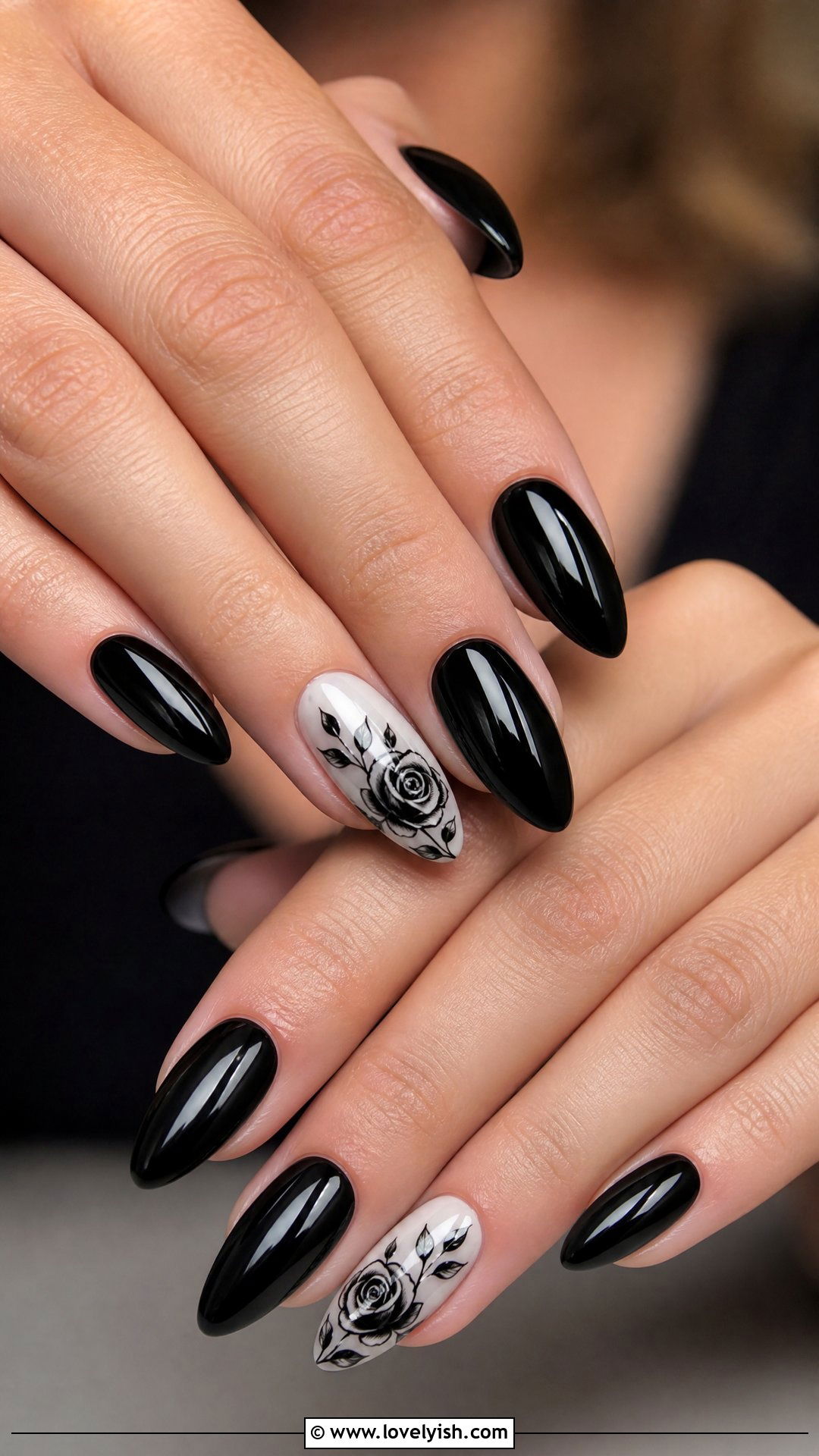 Black Floral Accent Nails - 50 dark nail designs - 50 dark nail designs