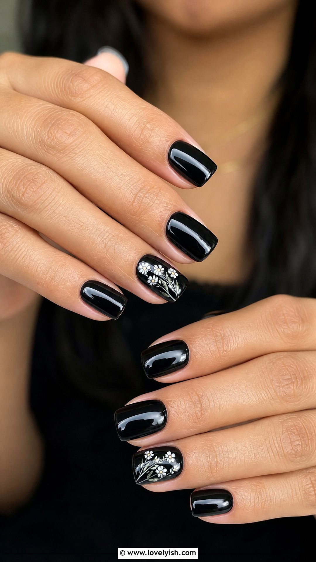 Black Floral Accent Nails - 50 black nails - 50 black nails