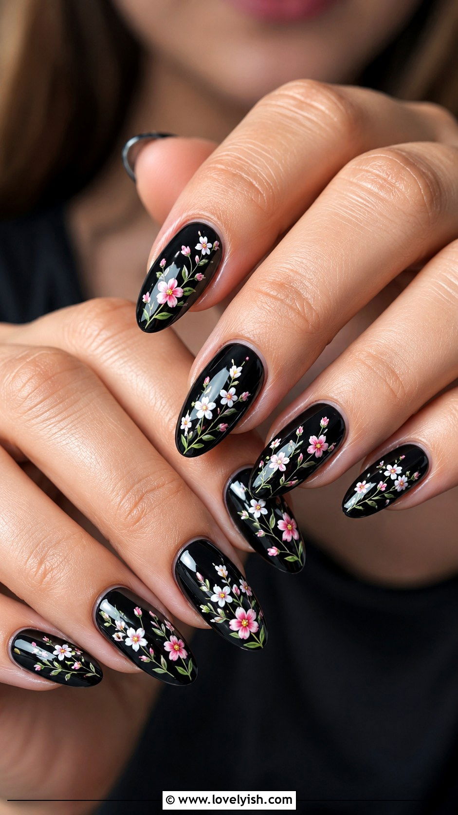 Black Floral Hand Painted Nails - 31 black nail design ideas - 31 black nail design ideas