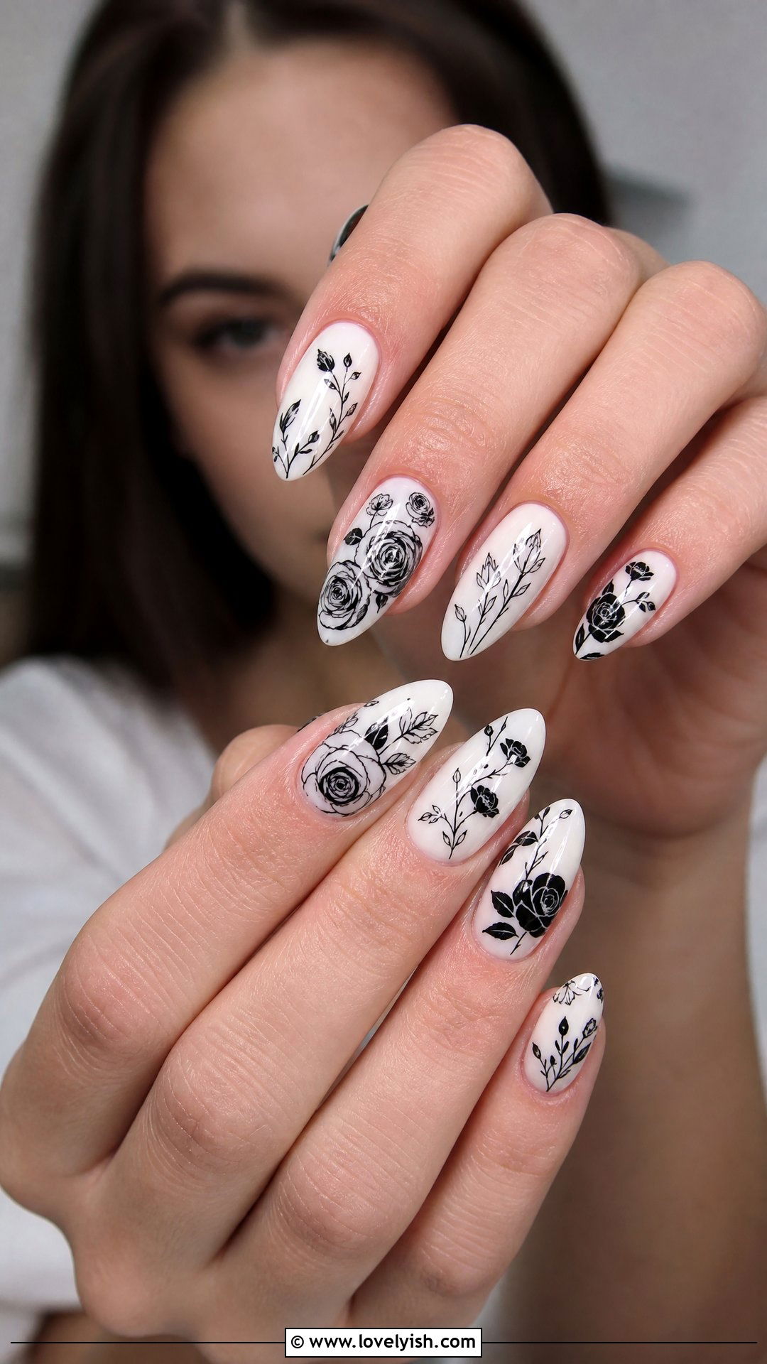 Black Floral Nails on White Base - 50 black and white nail designs - 50 black and white nail designs