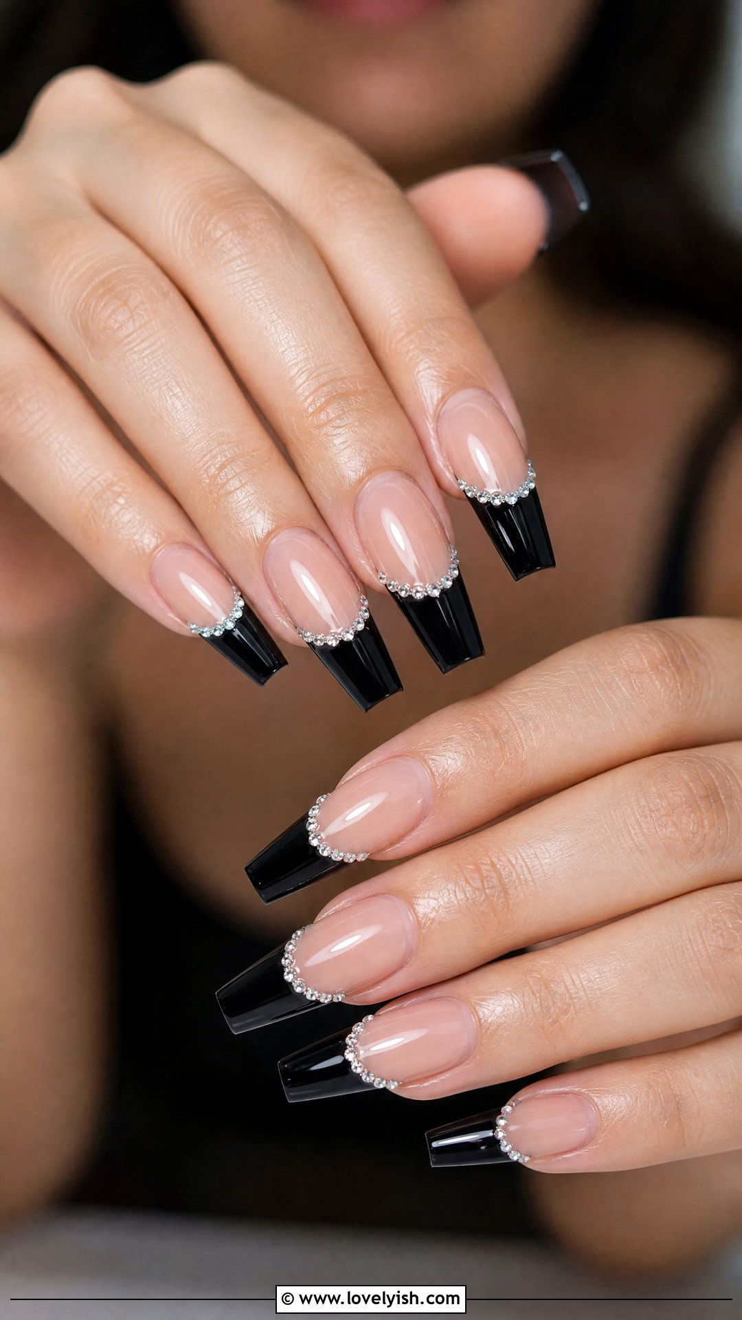Black French Diamond Nails - 50 diamond nails - 50 diamond nails