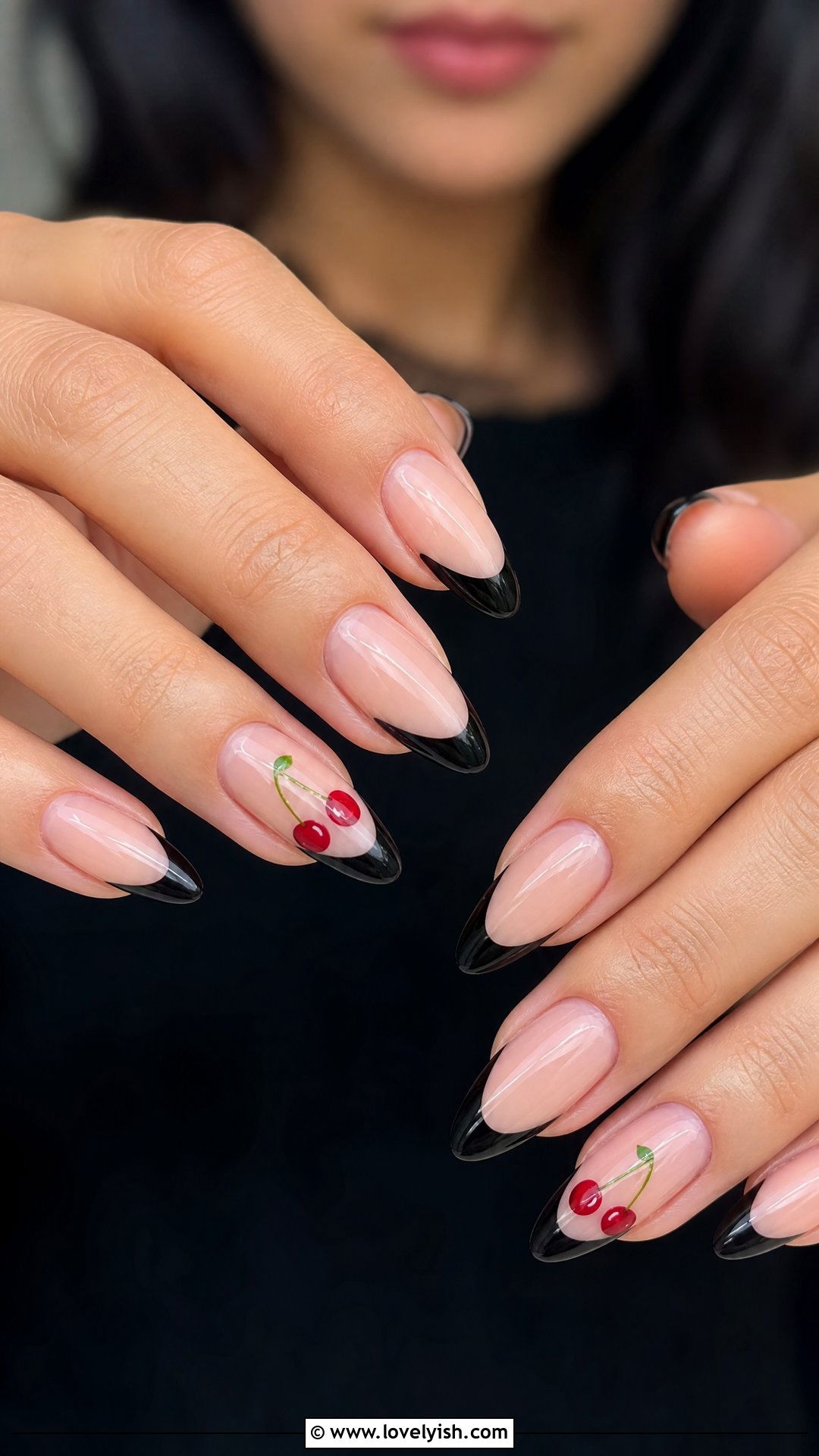 Black French Tip Cherry Nails - 50 cherry nails - 50 cherry nails